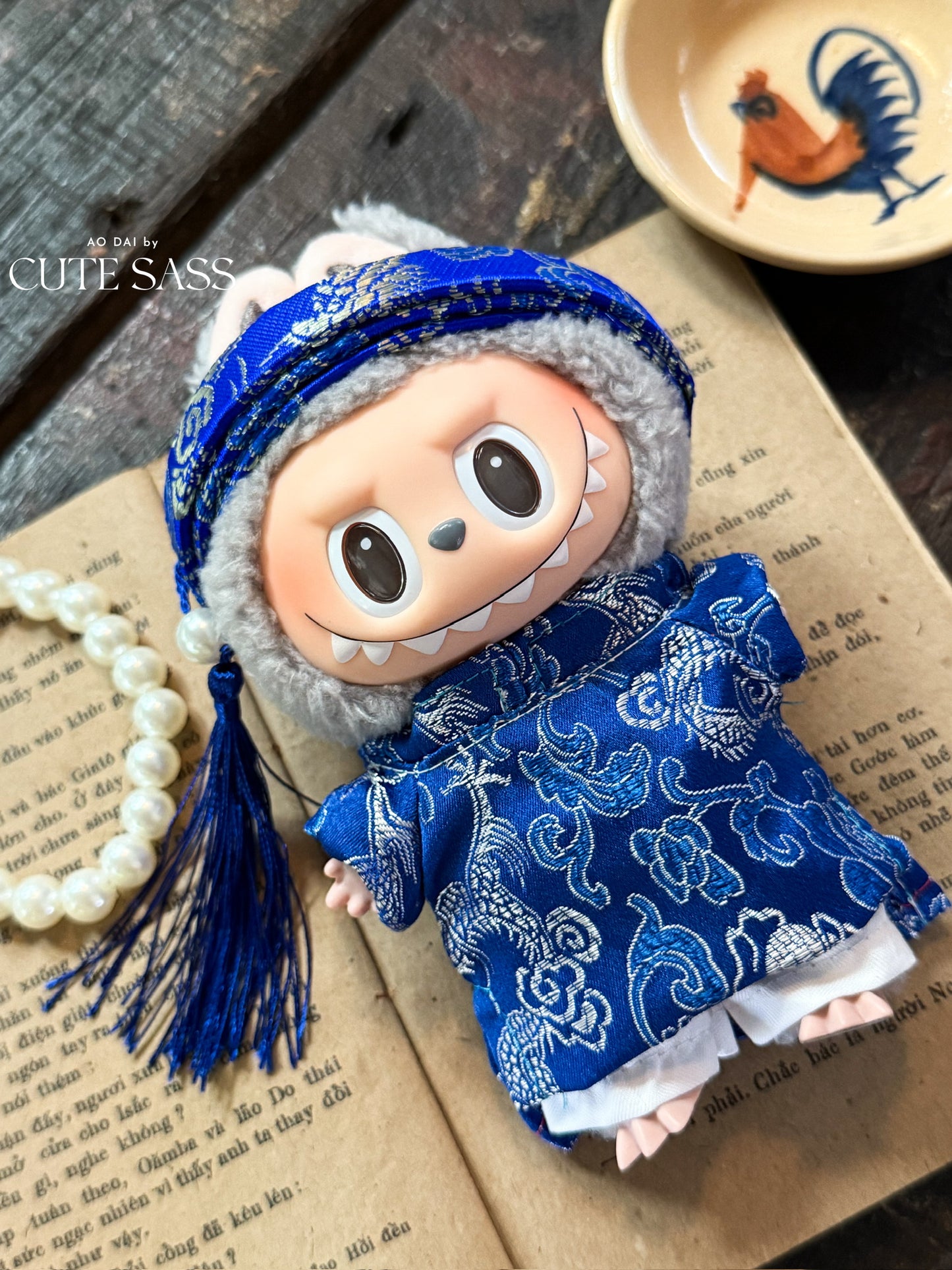 Blue Gam Vietnamese Ao Dai Set for Labubu – Includes Pants & Headband (Doll Not Included)