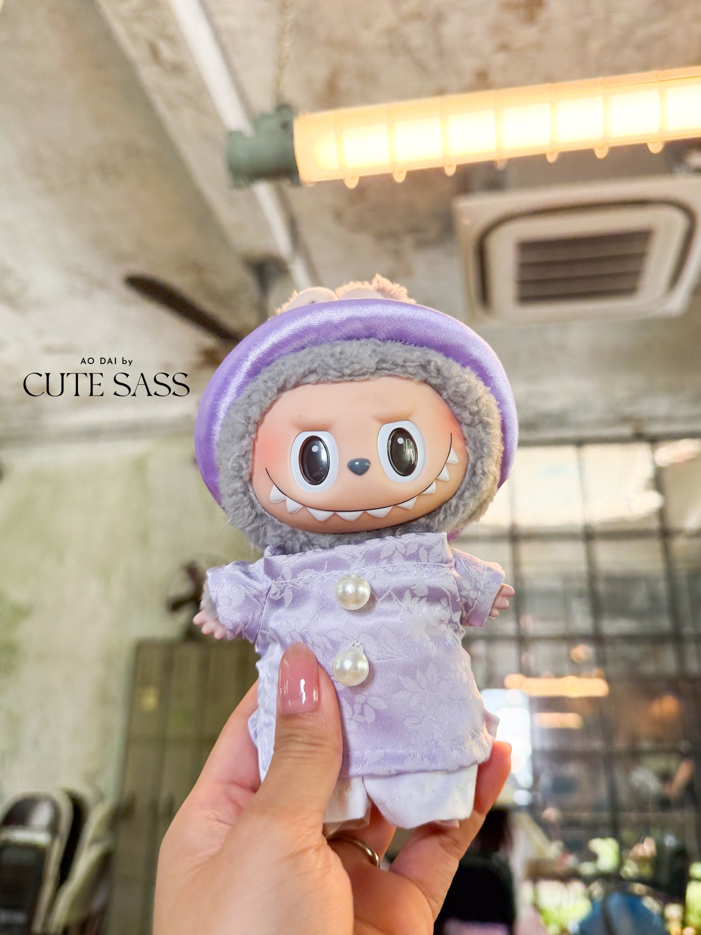 Purple Gam Vietnamese Ao Dai Set for Labubu – Includes Pants & Round Headband (Doll Not Included)