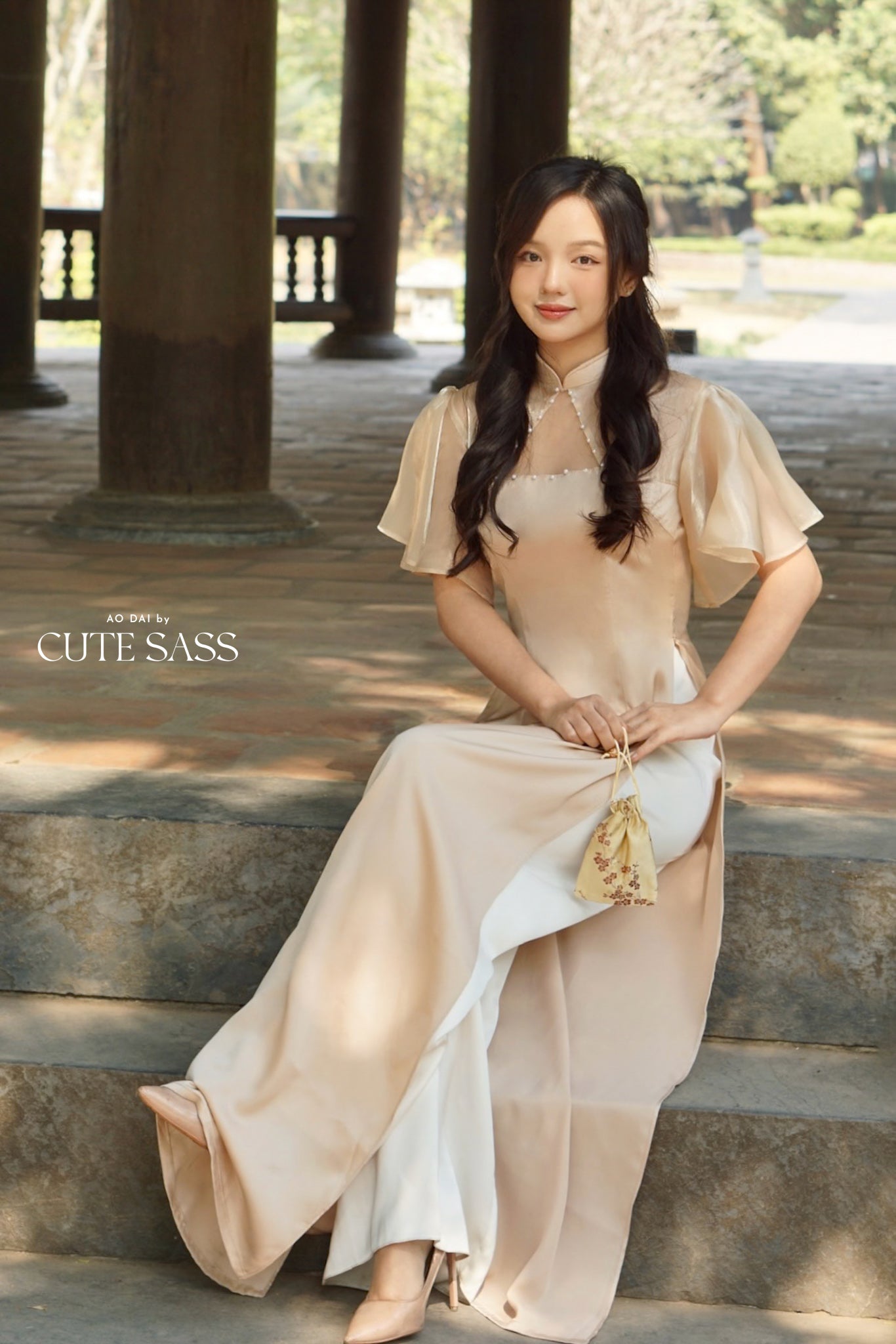 Tan Mesh Pearl Neckline Wing Sleeves Ao Dai Top Only (NO PANTS) 10C