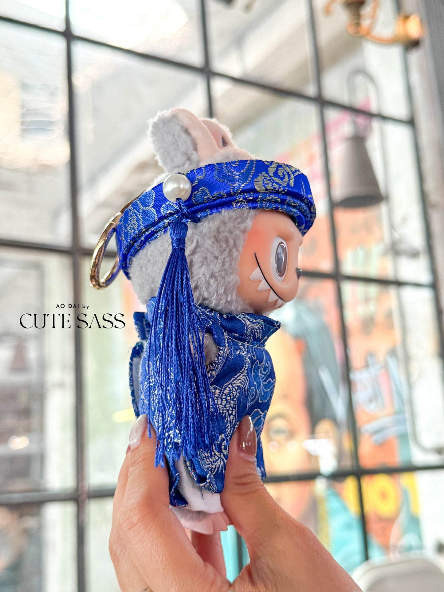 Blue Gam Vietnamese Ao Dai Set for Labubu – Includes Pants & Headband (Doll Not Included)