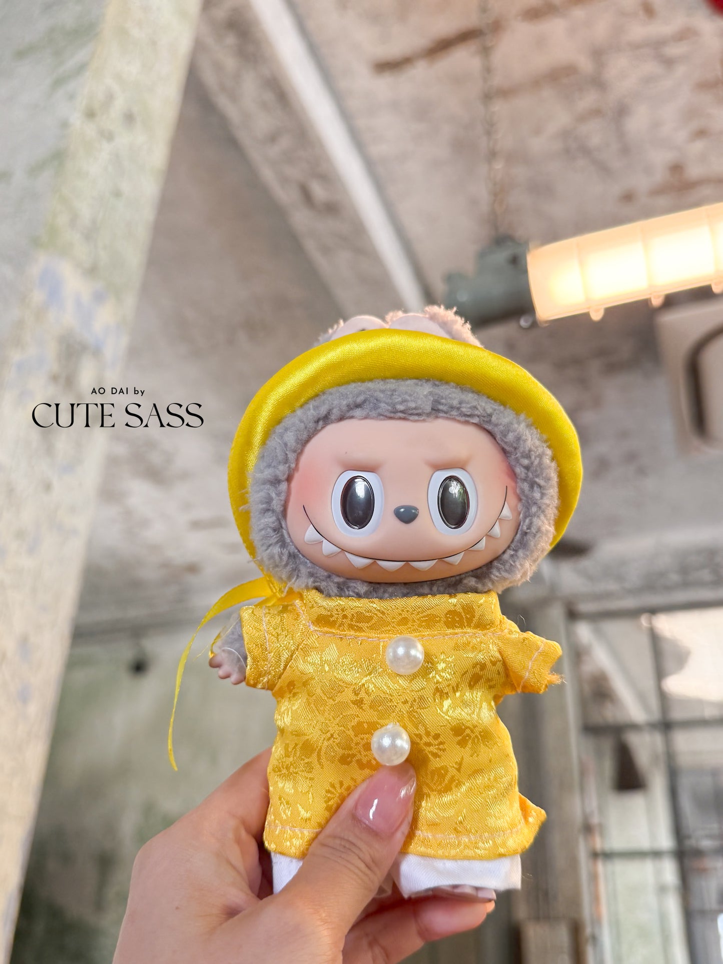 Yellow Gam Vietnamese Ao Dai Set for Labubu – Includes Pants & Round Headband (Doll Not Included)