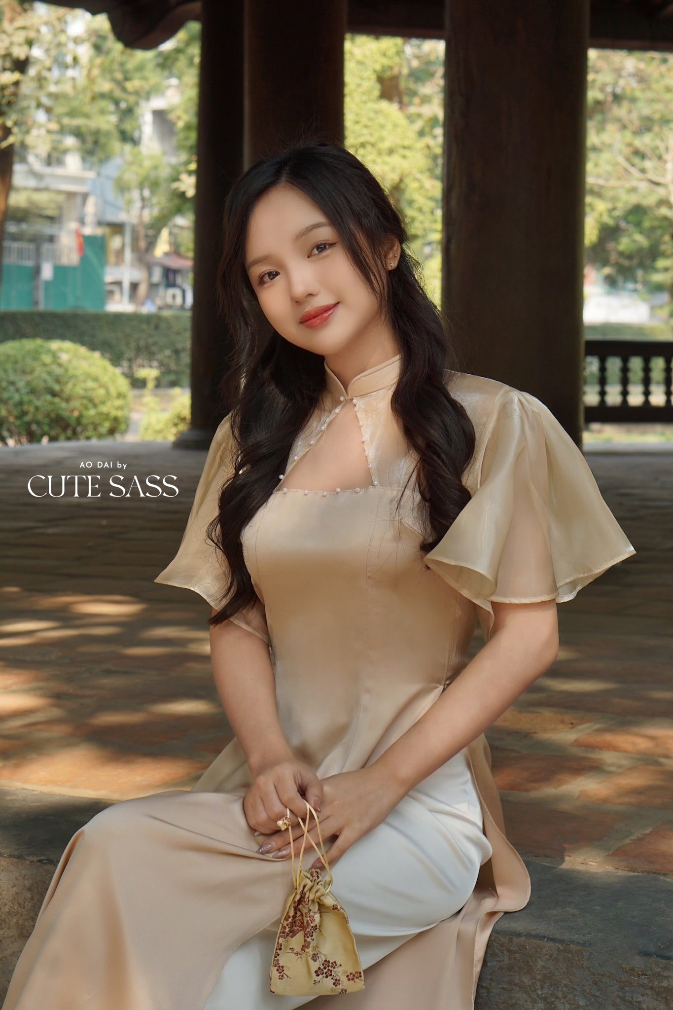 Tan Mesh Pearl Neckline Wing Sleeves Ao Dai Top Only (NO PANTS) 10C