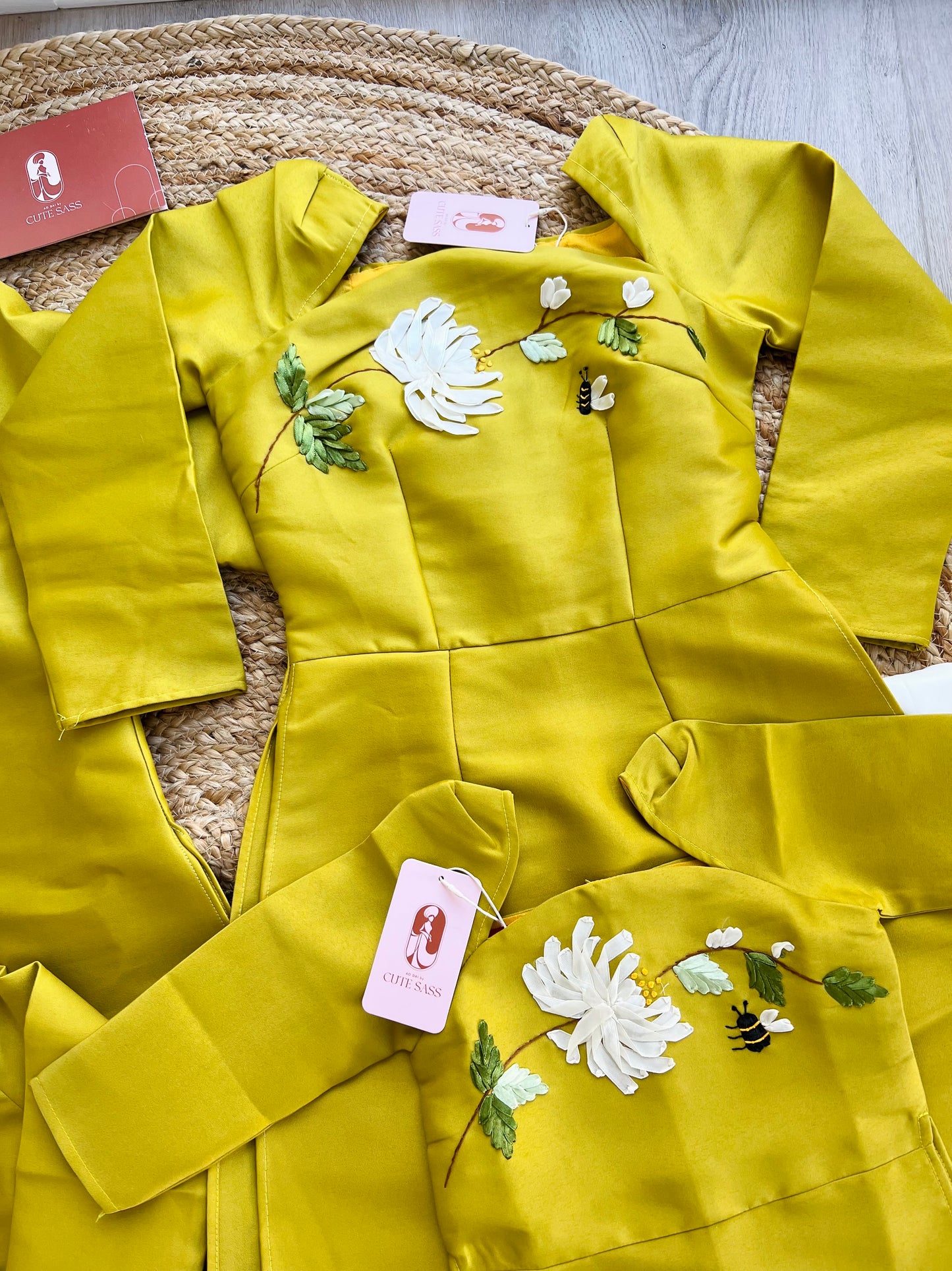 Family Mustard Yellow Ribbon Ao Dai Set