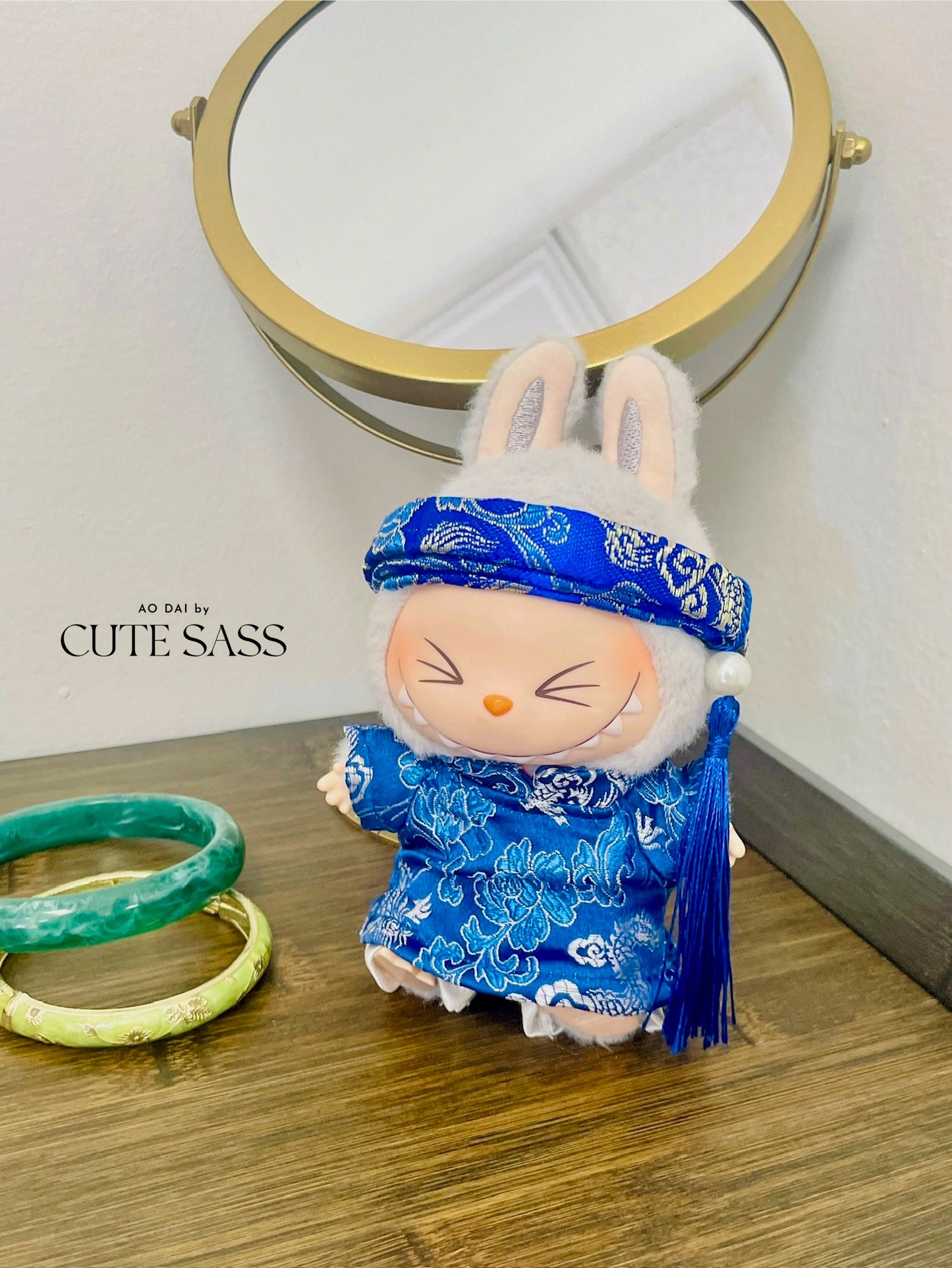 Blue Gam Vietnamese Ao Dai Set for Labubu – Includes Pants & Headband (Doll Not Included)