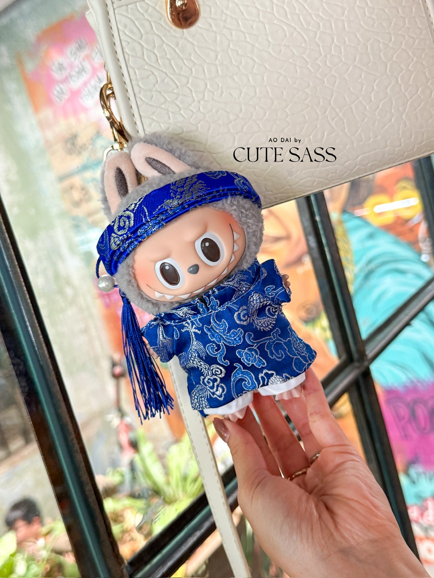 Blue Gam Vietnamese Ao Dai Set for Labubu – Includes Pants & Headband (Doll Not Included)
