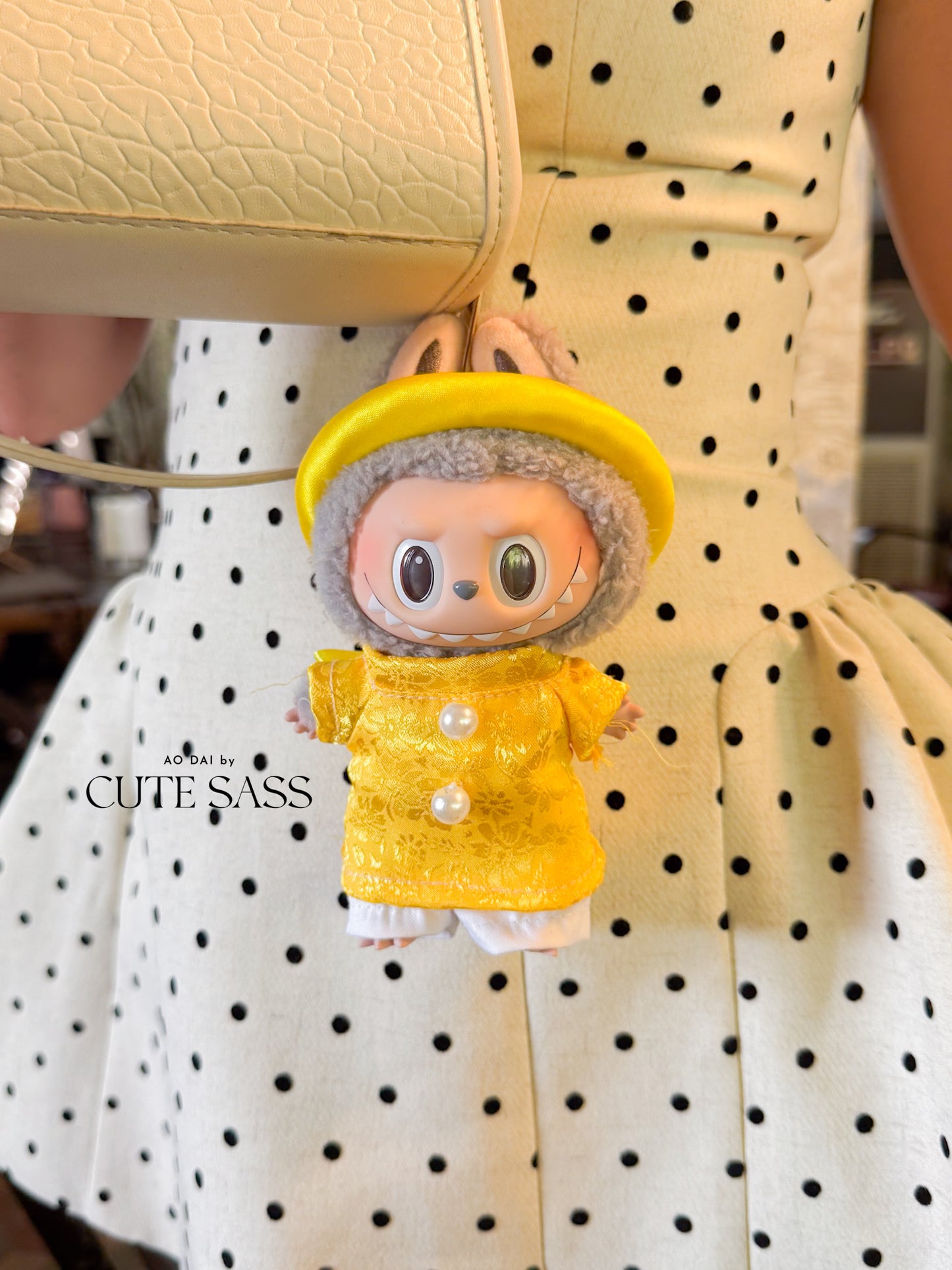 Yellow Gam Vietnamese Ao Dai Set for Labubu – Includes Pants & Round Headband (Doll Not Included)