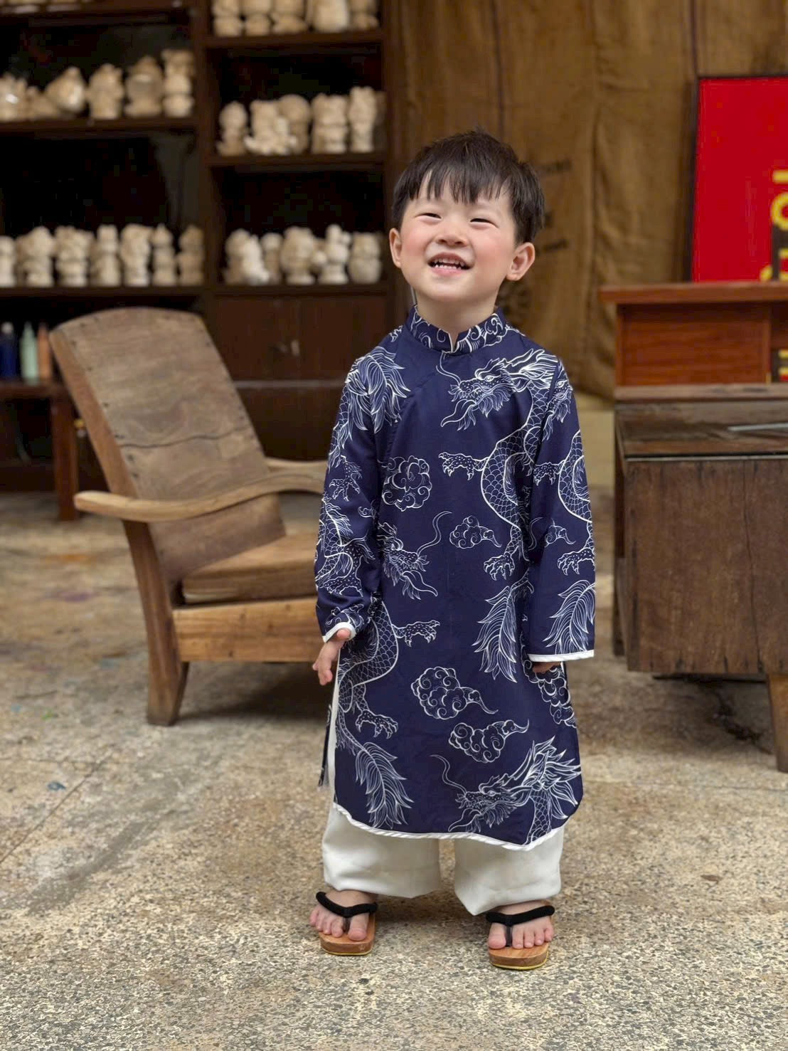 Boy Printed Dragon Clouds Ao Dai Top (3 Colors) 41B