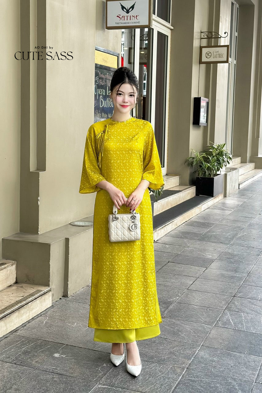 Palm Patterned Gam with Pearl Neckline Ao Dai (TOP ONLY, No Pants)