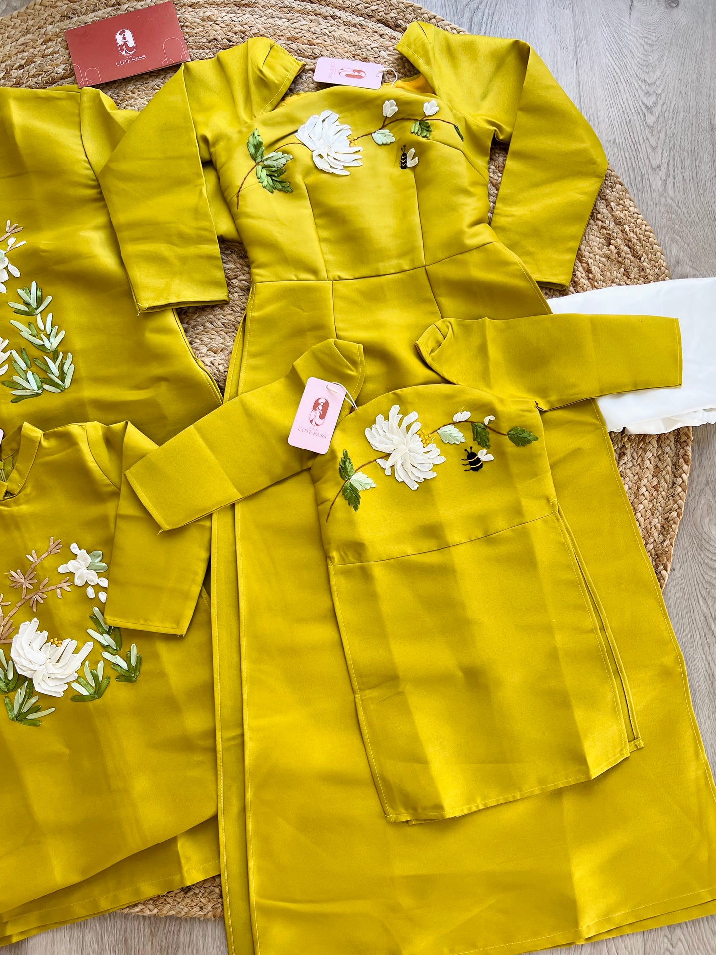 Family Mustard Yellow Ribbon Ao Dai Set