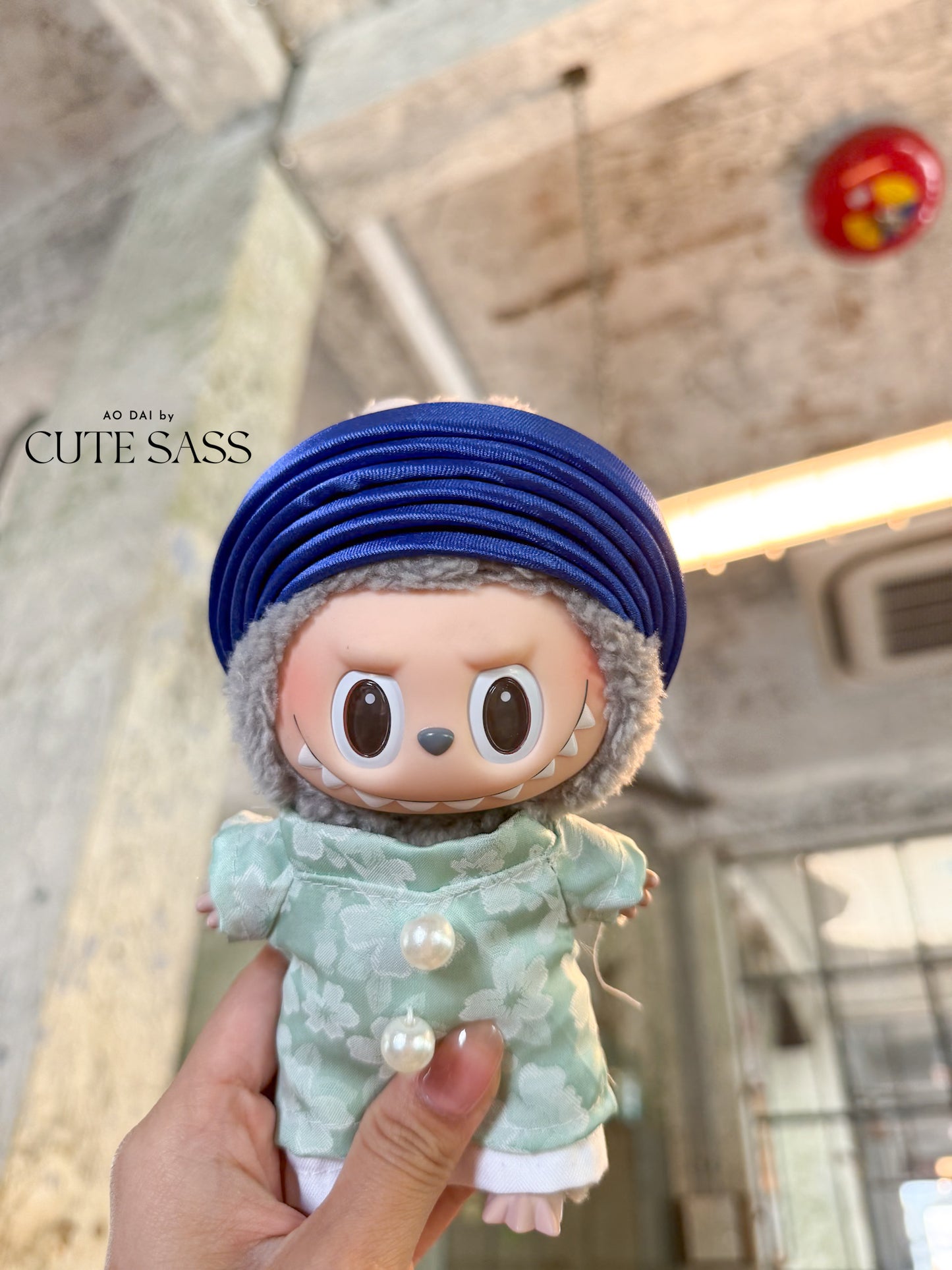 Cyan Vietnamese Ao Dai Set for Labubu – Includes Pants & Blue Khan Dong (Doll Not Included)
