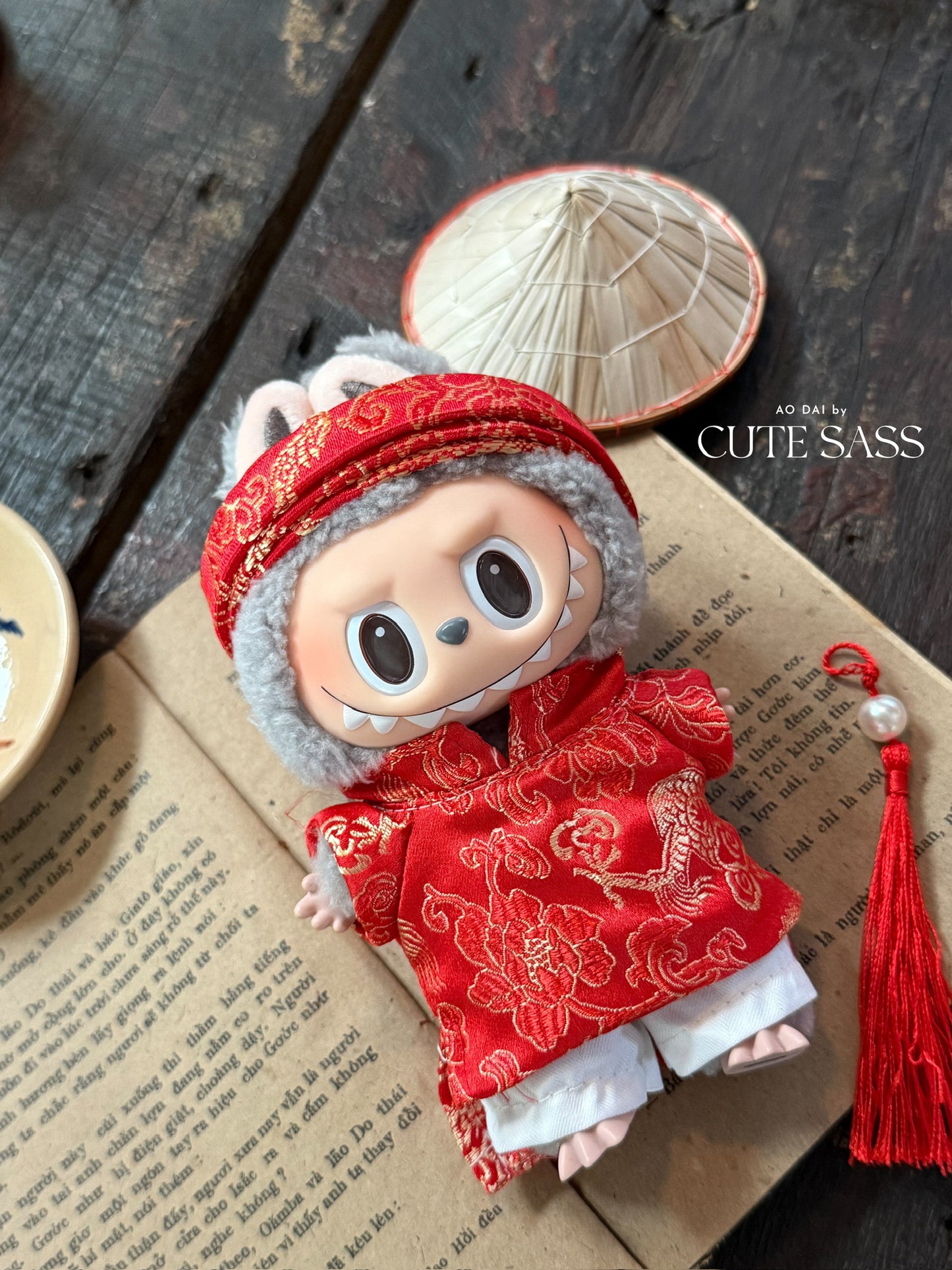 Red Gam Vietnamese Khan Dong for Labubu, Headband Only (Doll and Outfit Not Included)