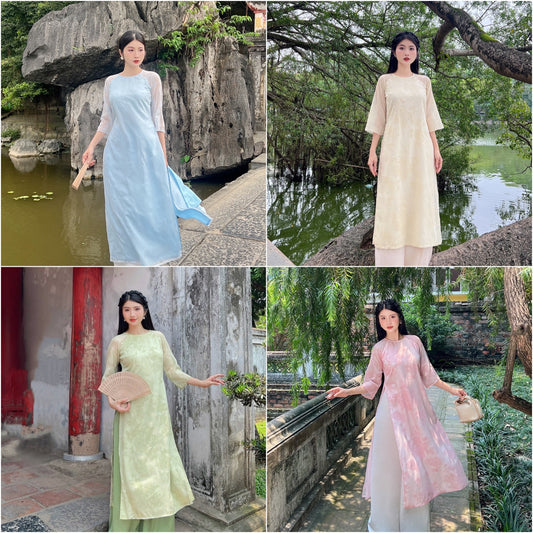Shifted Rose Velvety Chiffon Ao Dai Top Only, NO PANTS (4 Colors) 11C