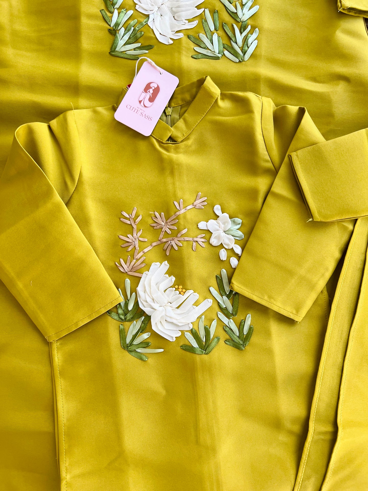 Family Mustard Yellow Ribbon Ao Dai Set