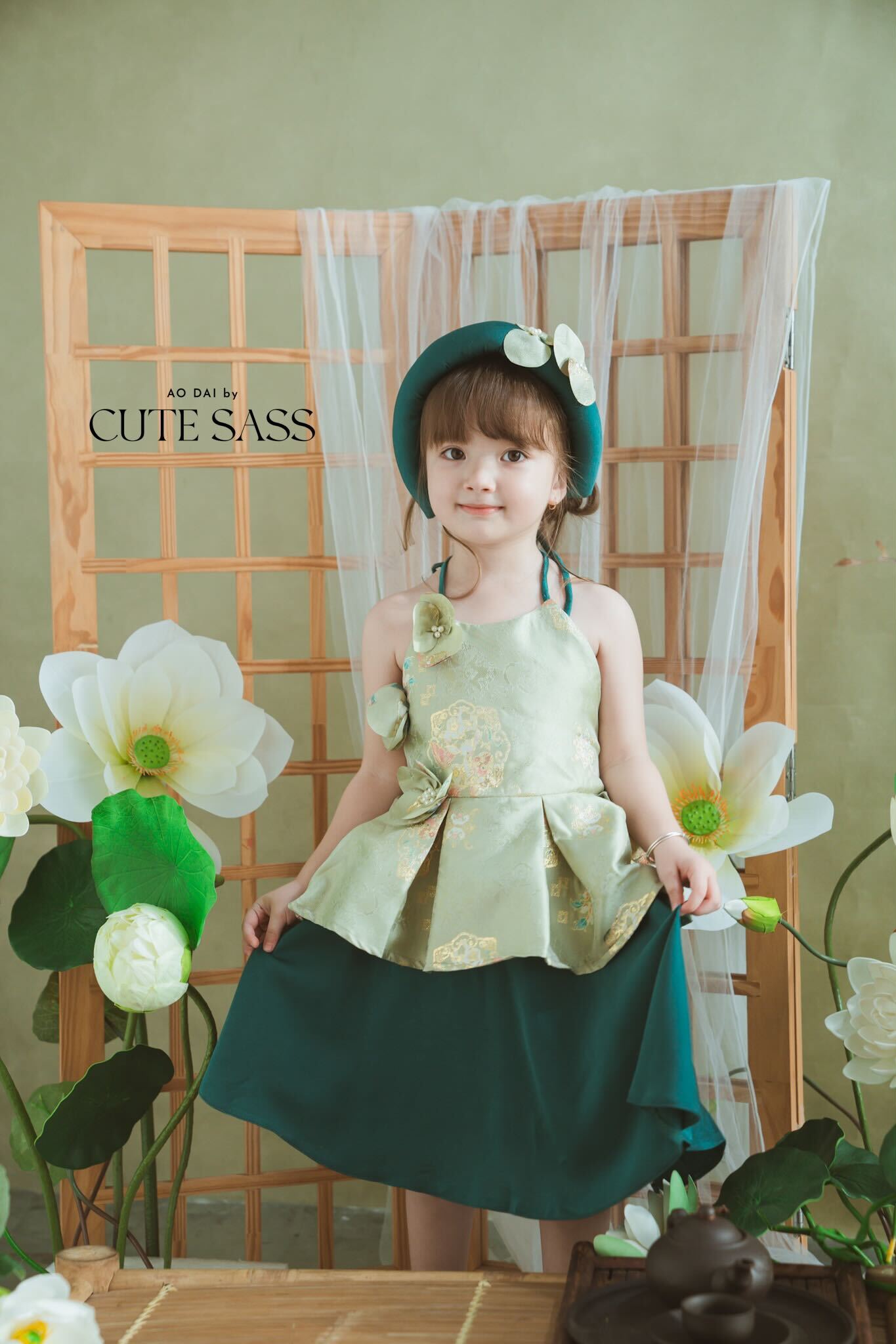 Girl Green Gold 3D Orchid Yem Ao Dai Set with Skirt and Headband