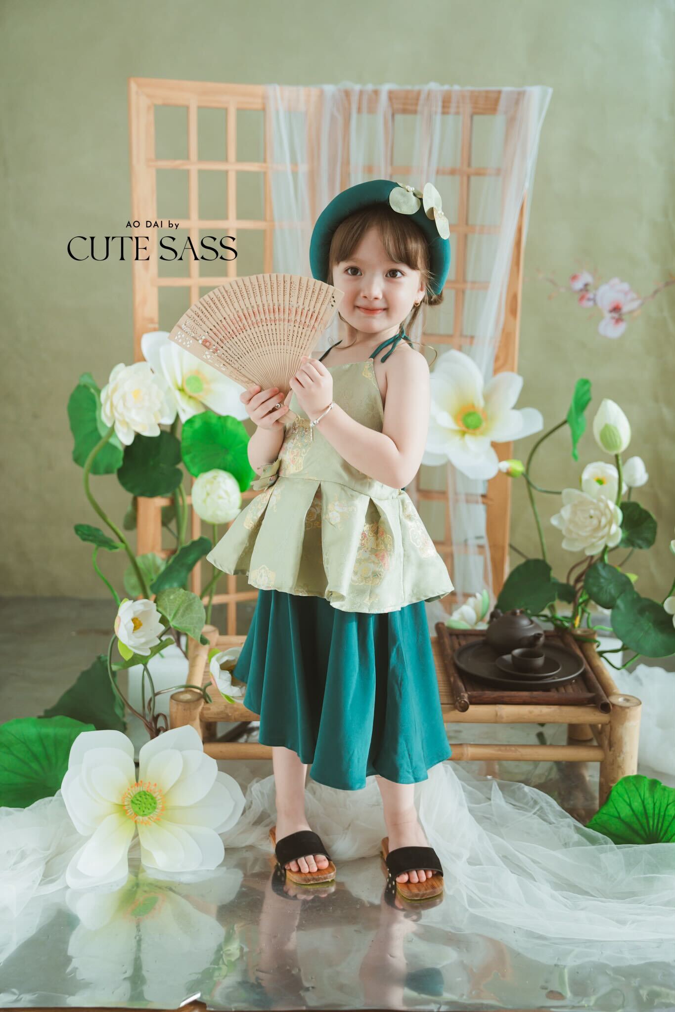 Girl Green Gold 3D Orchid Yem Ao Dai Set with Skirt and Headband