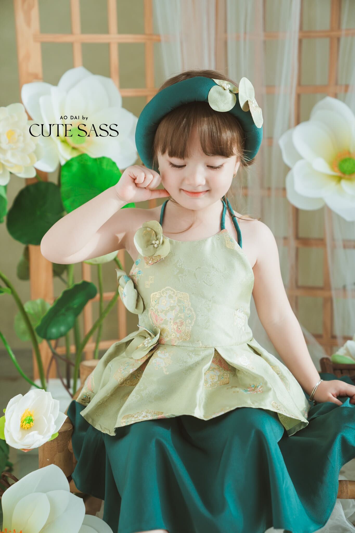 Girl Green Gold 3D Orchid Yem Ao Dai Set with Skirt and Headband