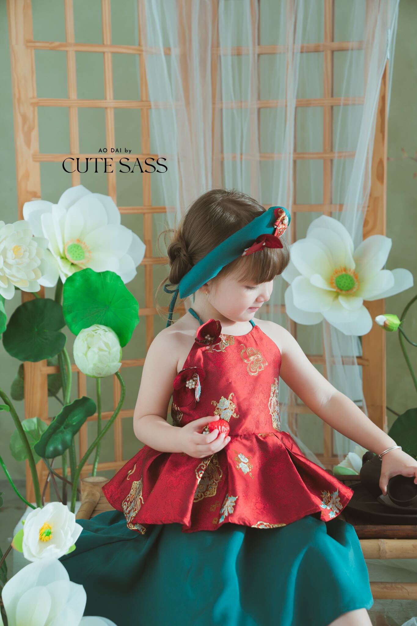 Girl Red Gold 3D Orchid Yem Ao Dai Set with Skirt and Headband