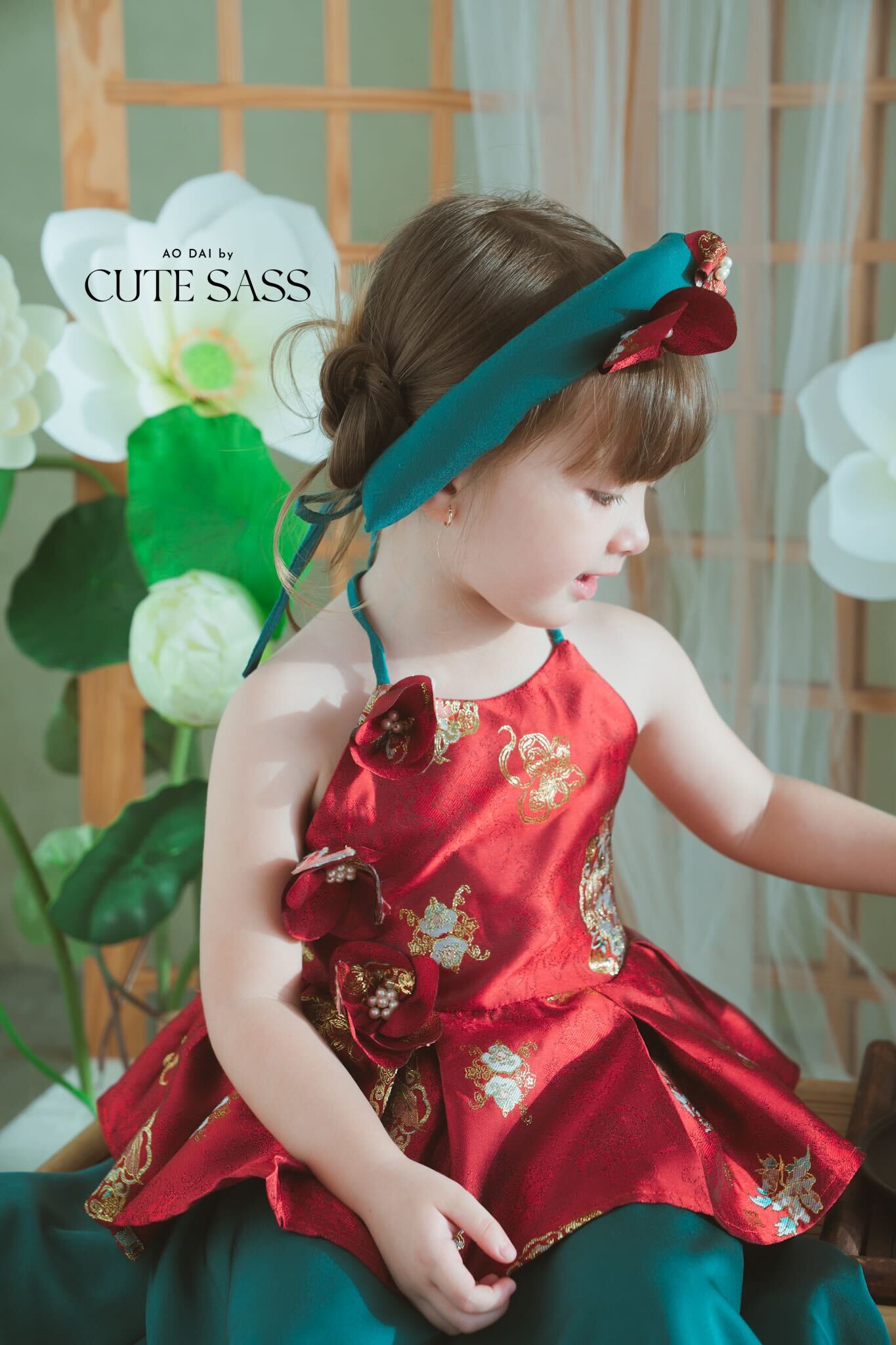 Girl Red Gold 3D Orchid Yem Ao Dai Set with Skirt and Headband
