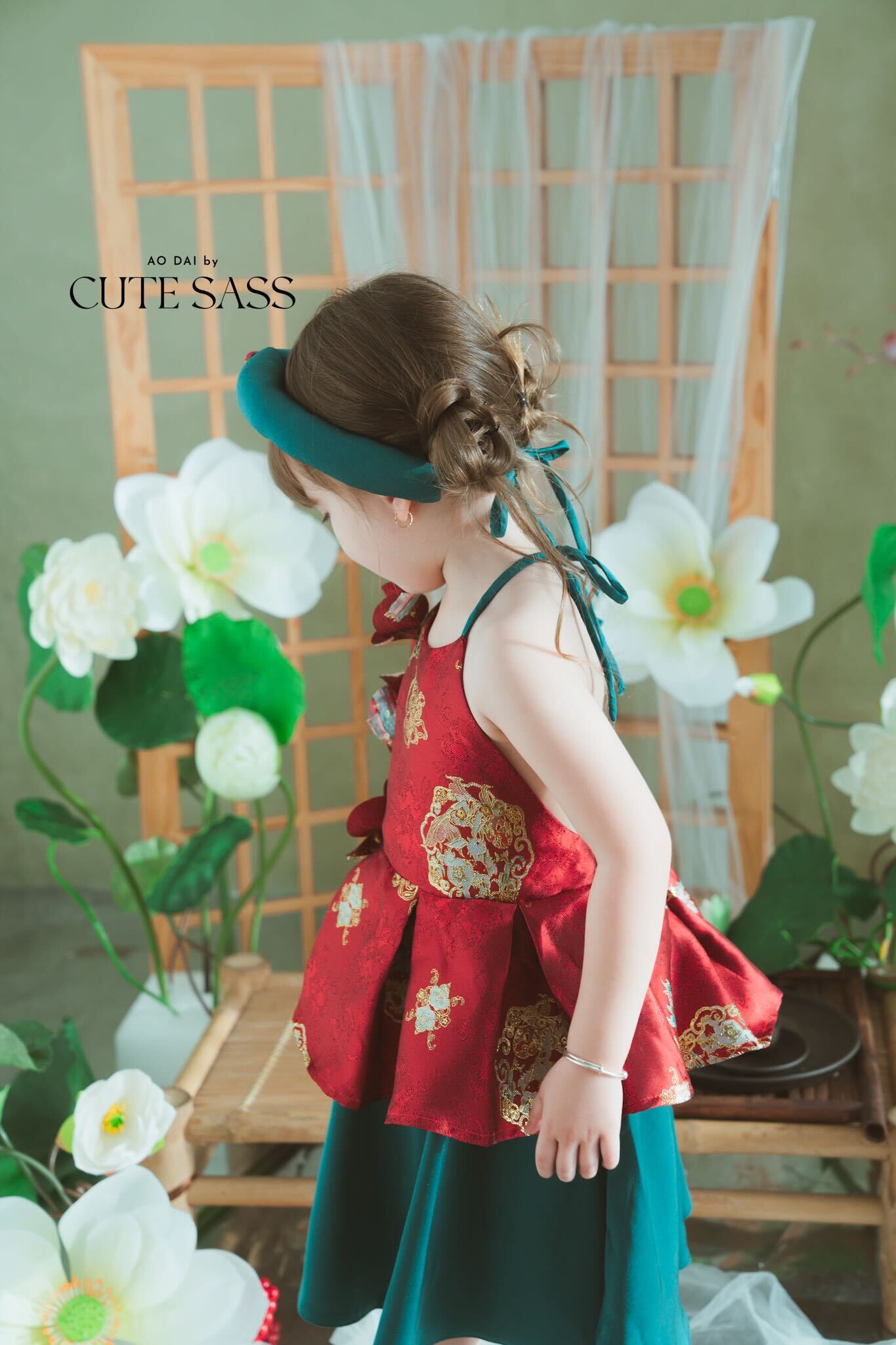 Girl Red Gold 3D Orchid Yem Ao Dai Set with Skirt and Headband