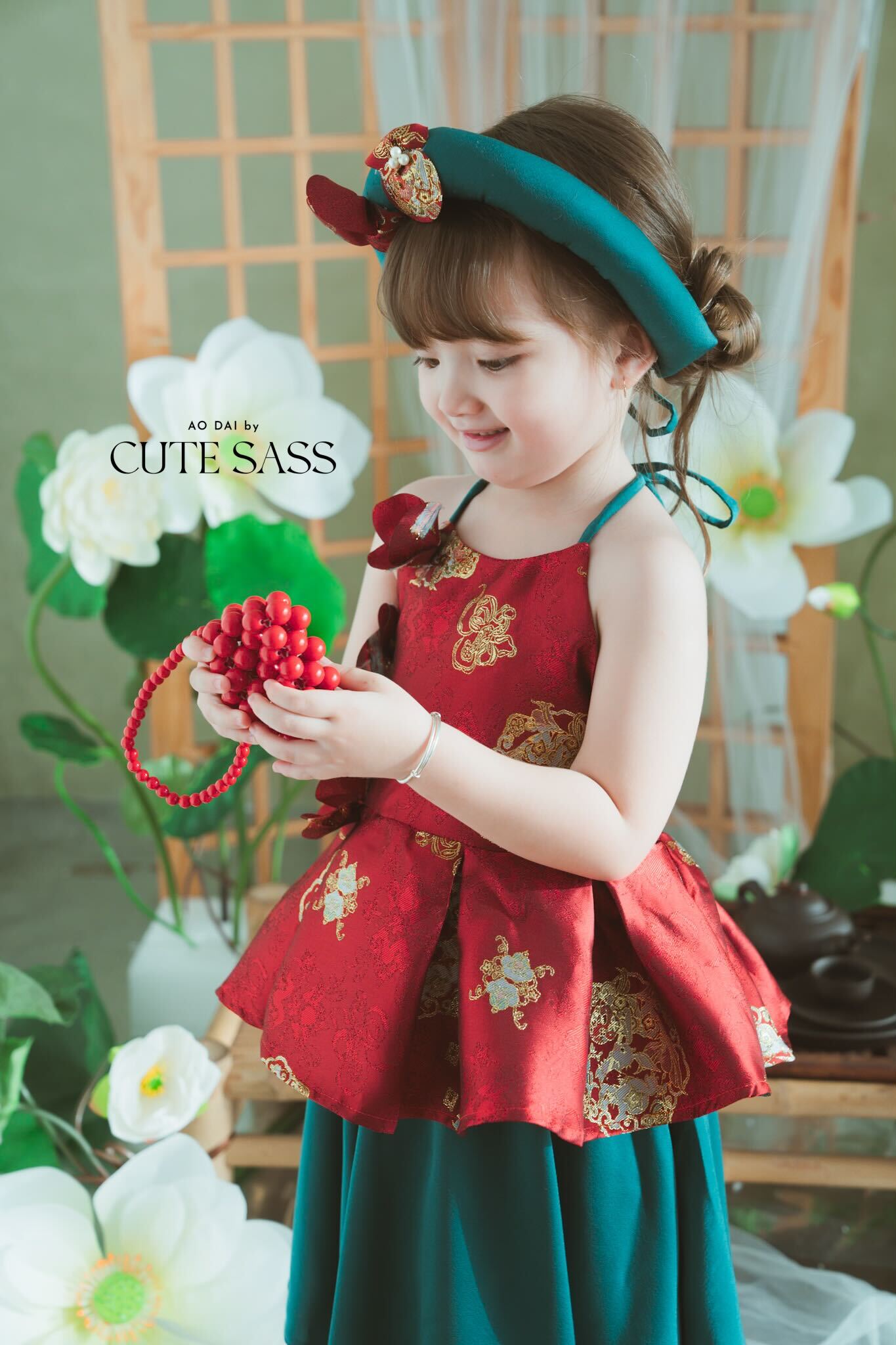 Girl Red Gold 3D Orchid Yem Ao Dai Set with Skirt and Headband