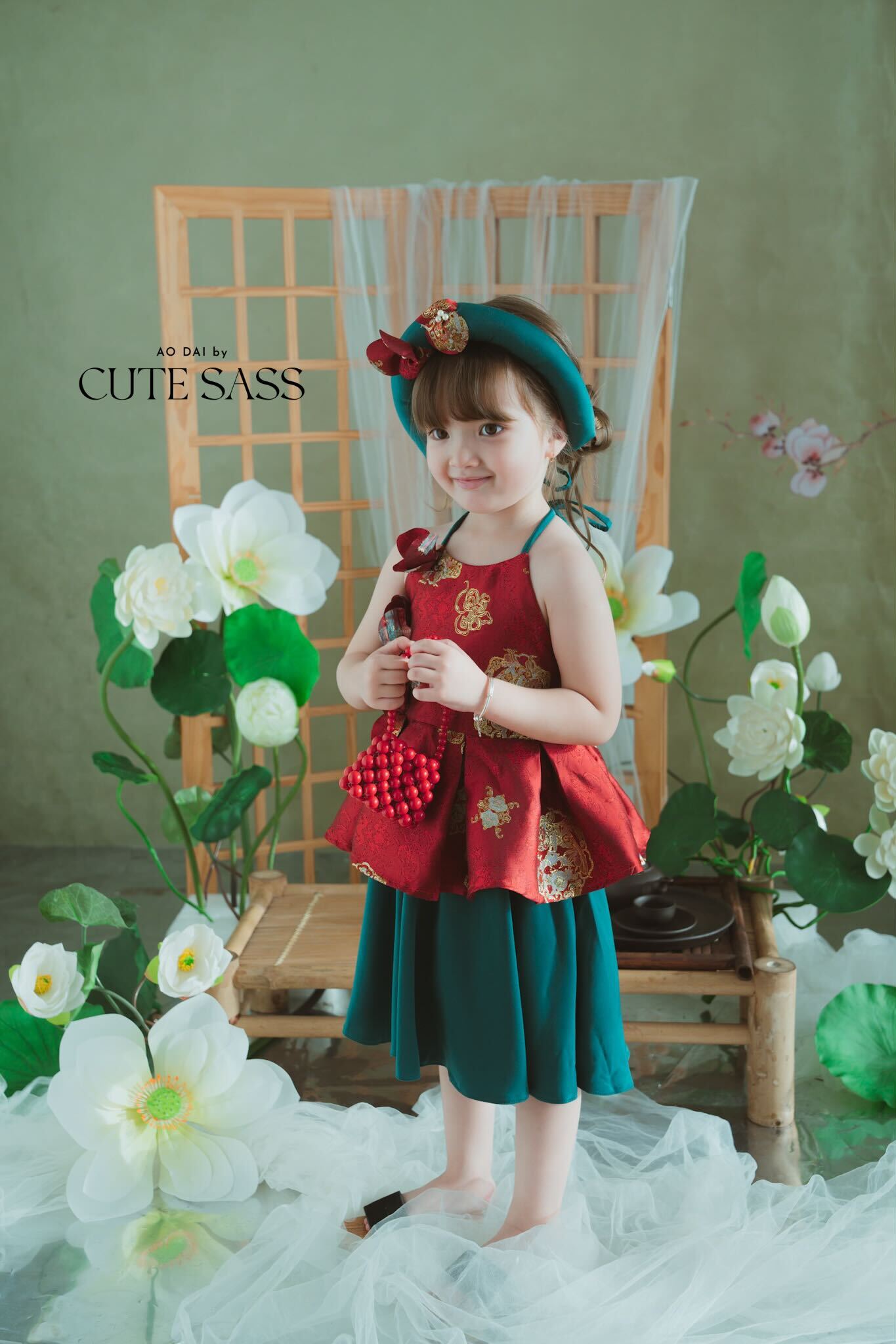 Girl Red Gold 3D Orchid Yem Ao Dai Set with Skirt and Headband