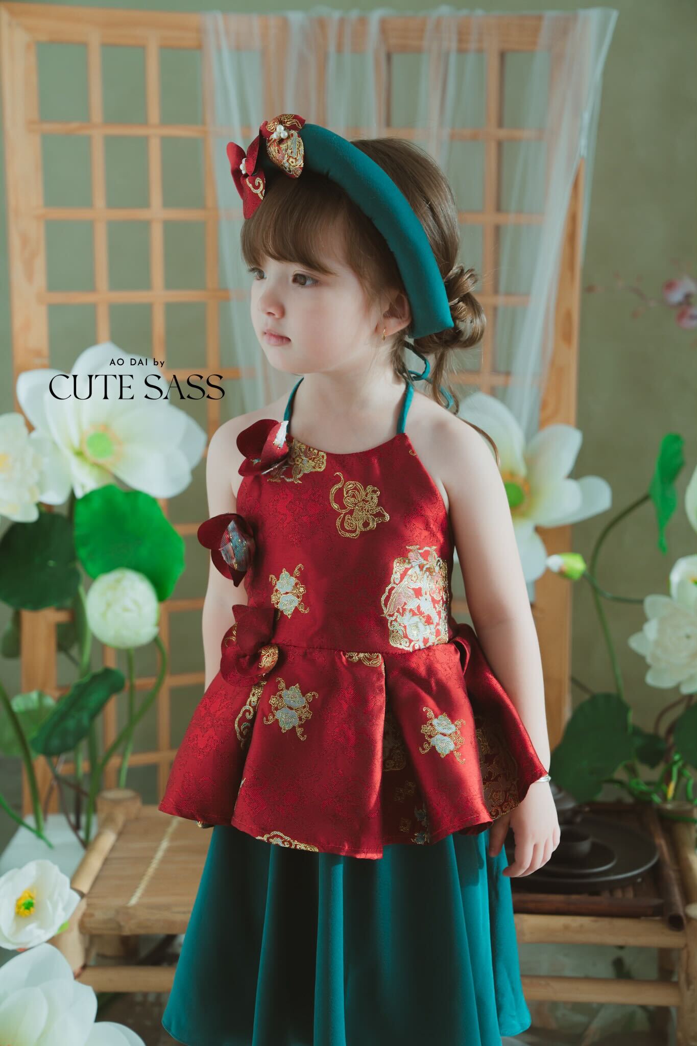 Girl Red Gold 3D Orchid Yem Ao Dai Set with Skirt and Headband