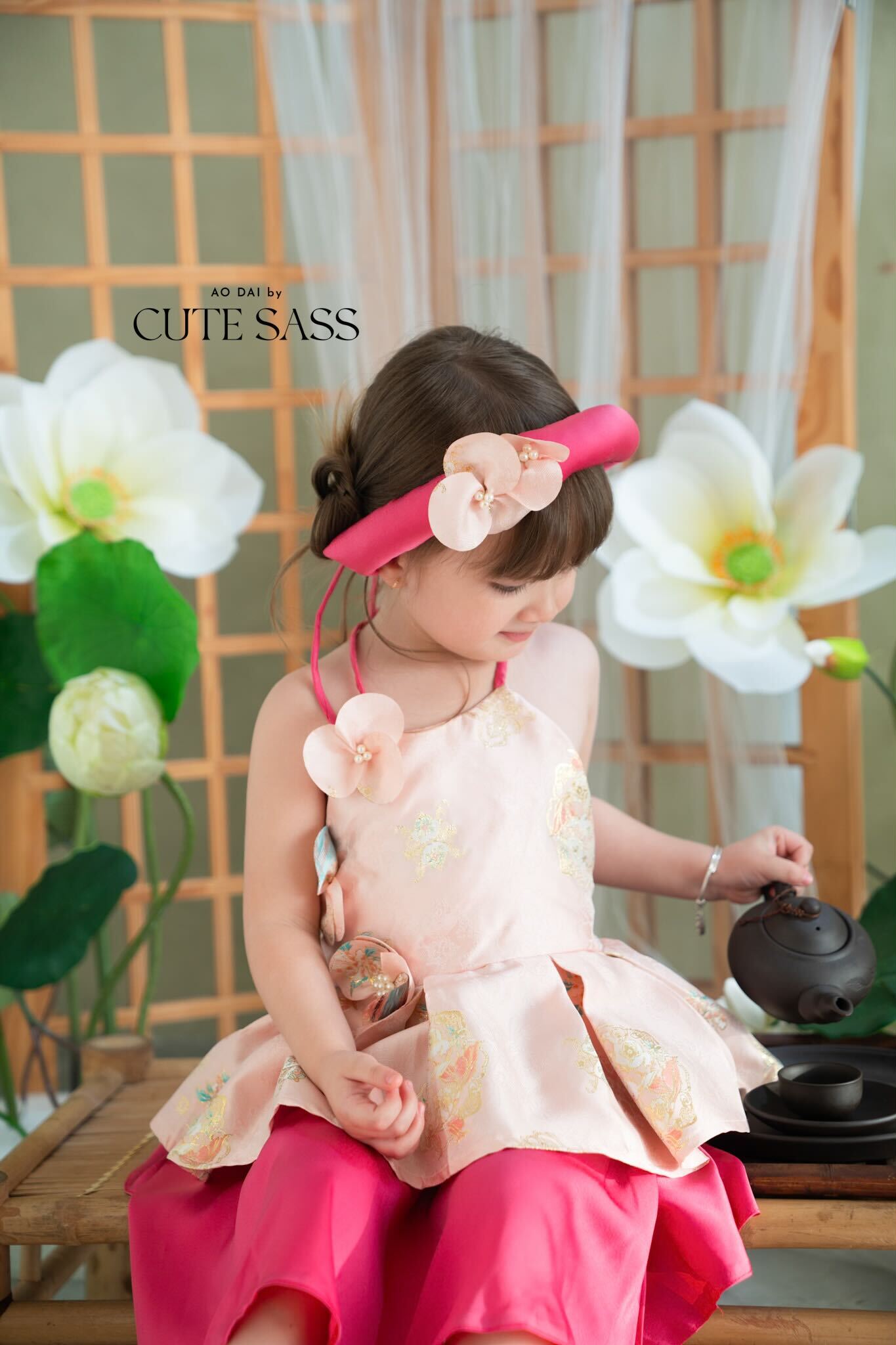Girl Pink Gold 3D Orchid Yem Ao Dai Set with Skirt and Headband