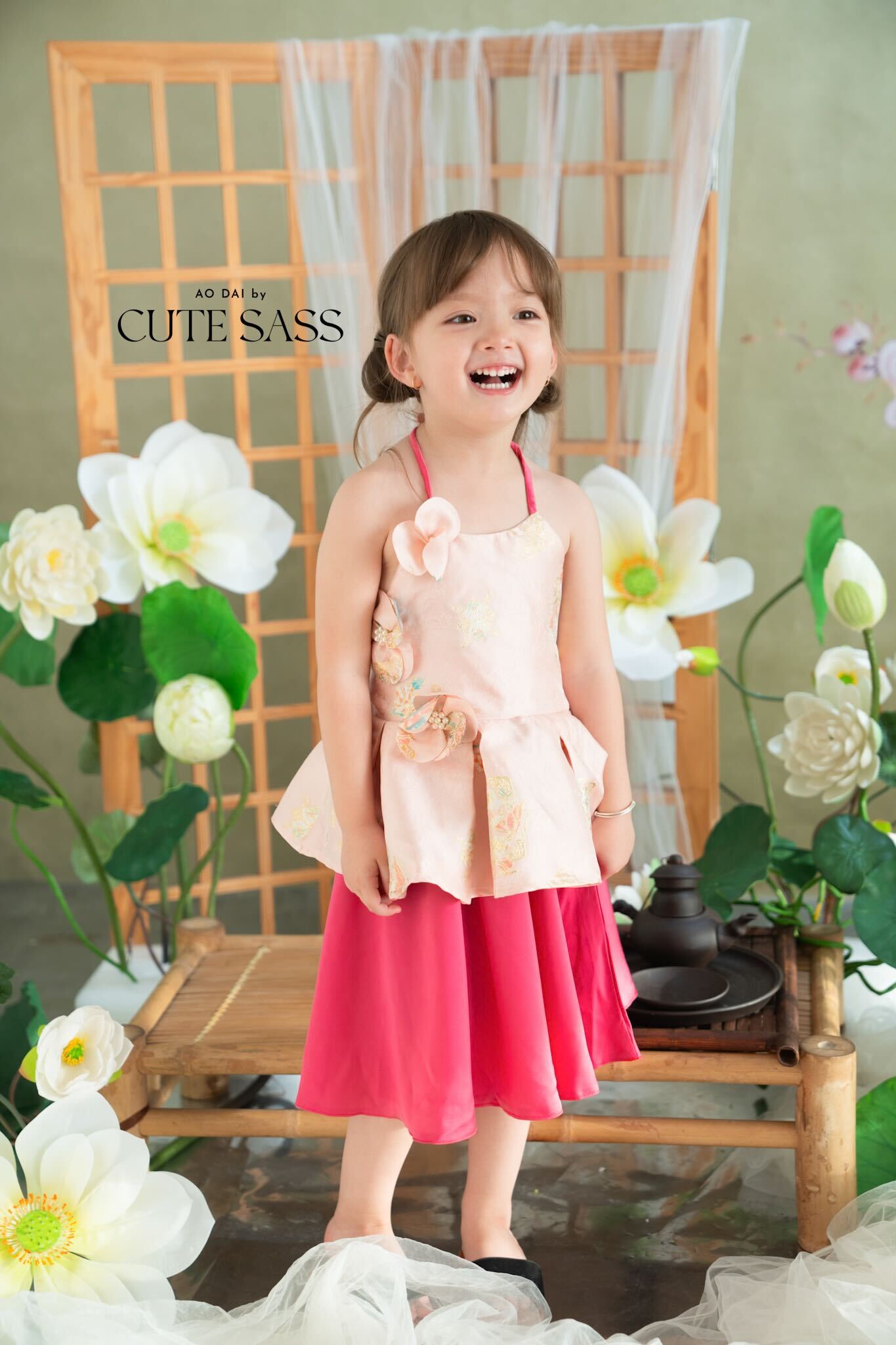 Girl Pink Gold 3D Orchid Yem Ao Dai Set with Skirt and Headband