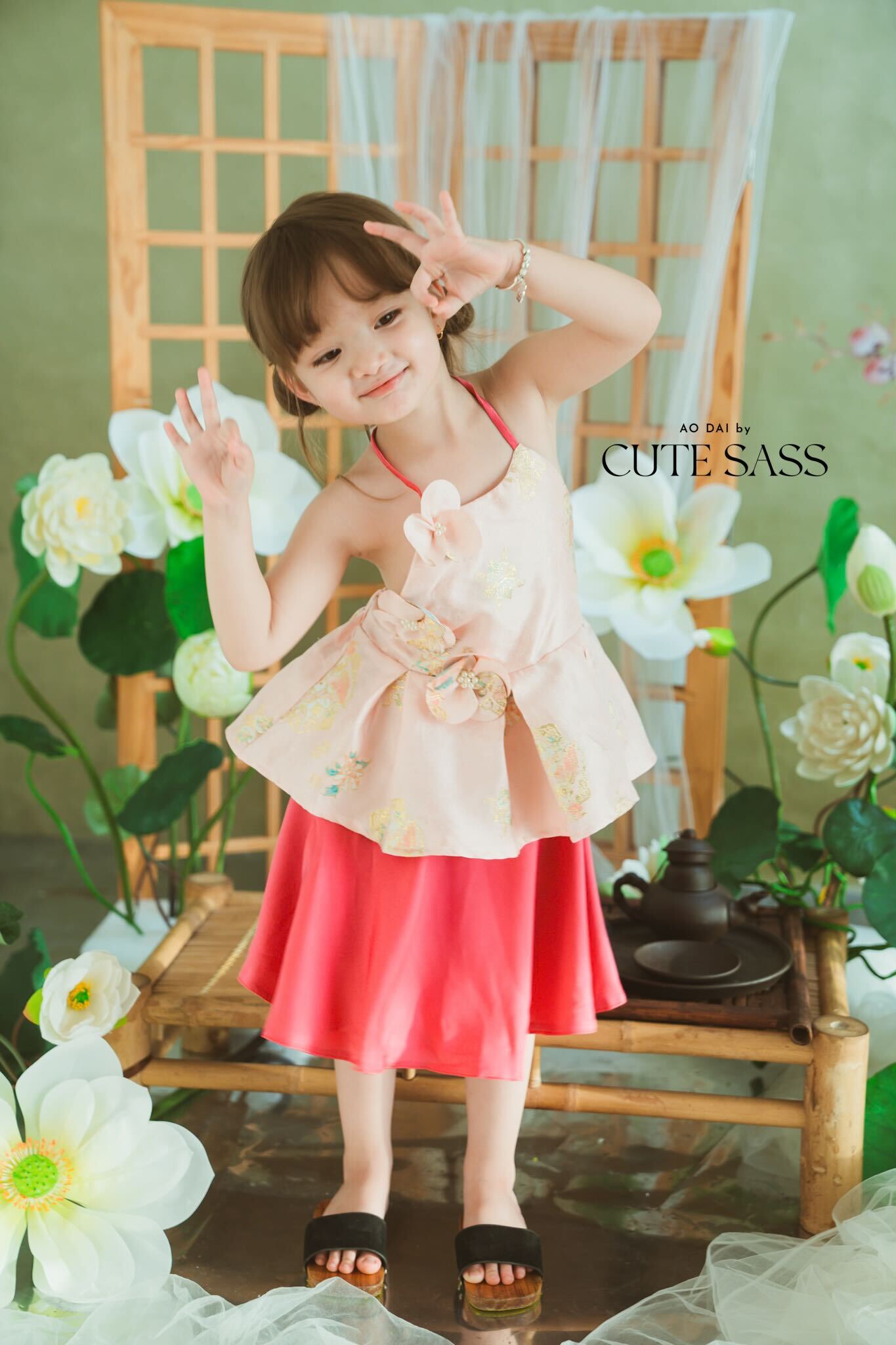 Girl Pink Gold 3D Orchid Yem Ao Dai Set with Skirt and Headband