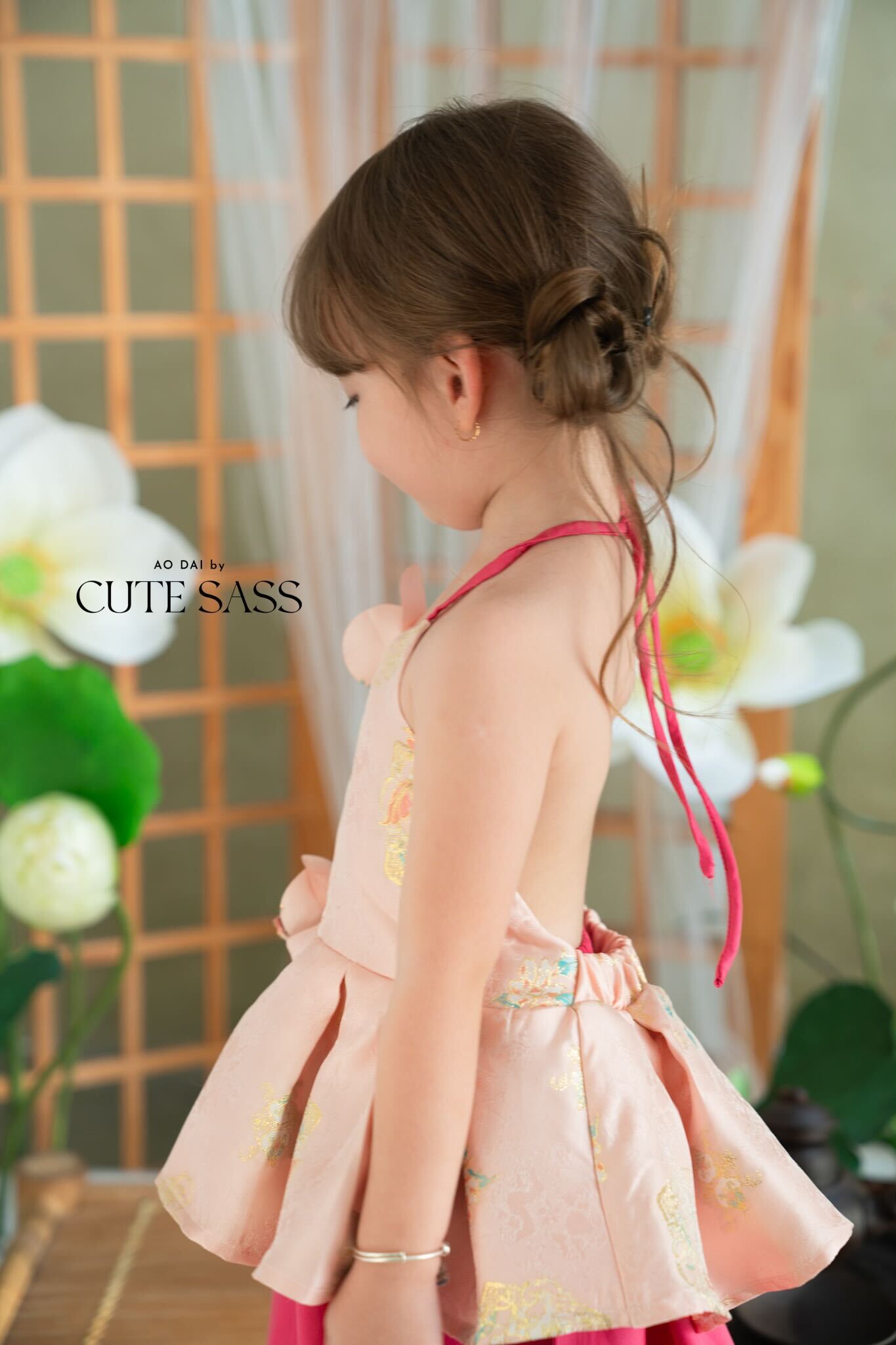 Girl Pink Gold 3D Orchid Yem Ao Dai Set with Skirt and Headband