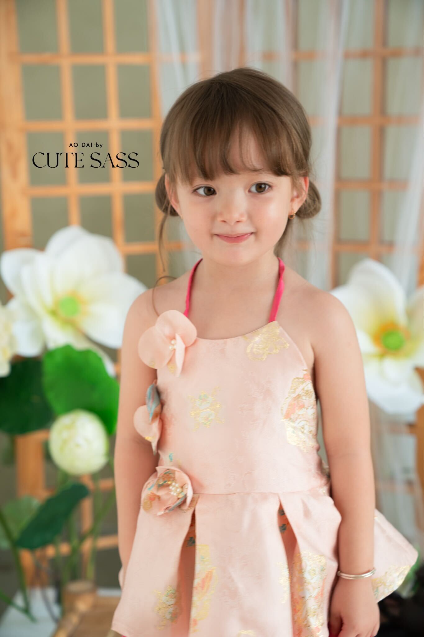 Girl Pink Gold 3D Orchid Yem Ao Dai Set with Skirt and Headband