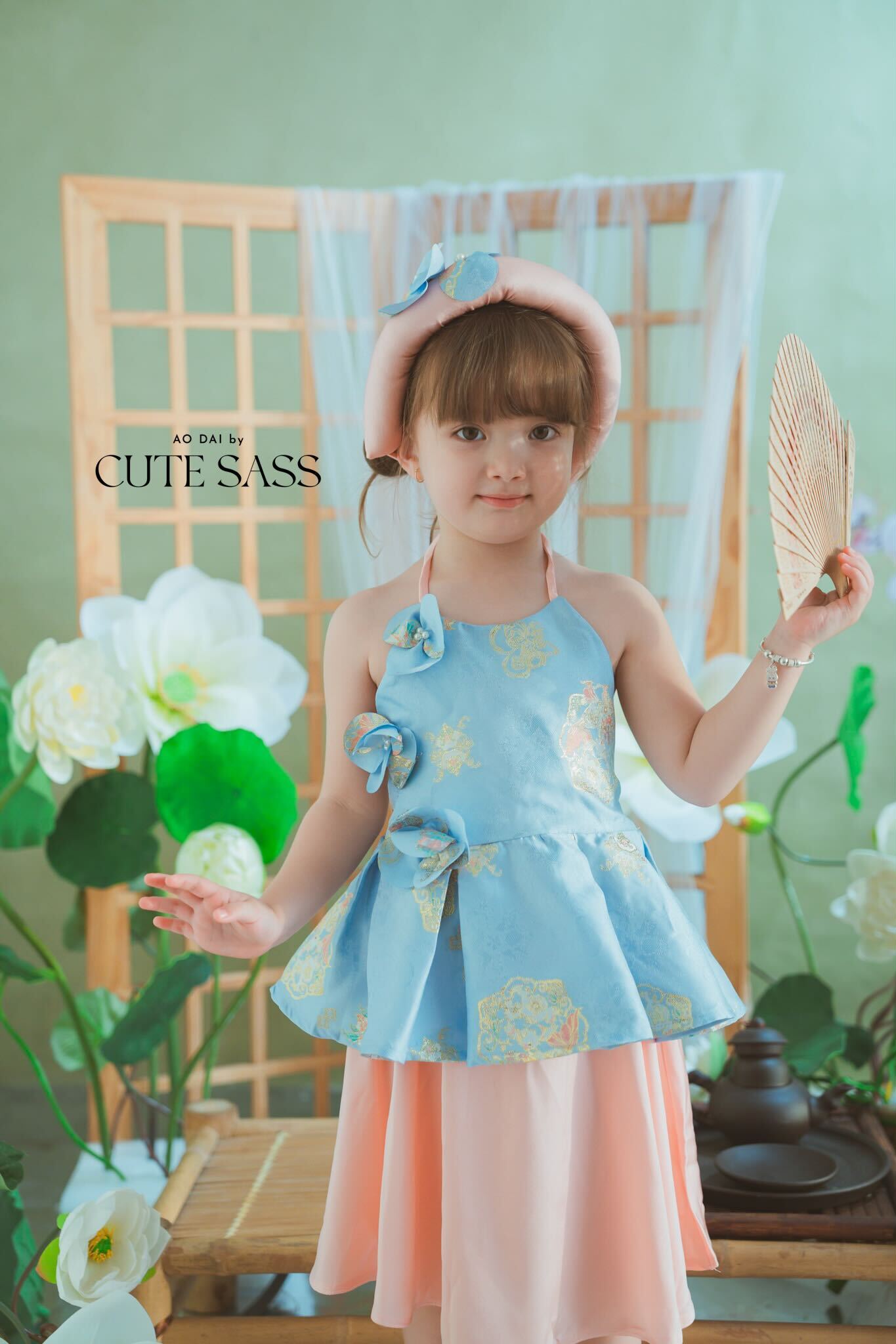 Girl Blue Gold 3D Orchid Yem Ao Dai Set with Skirt and Headband