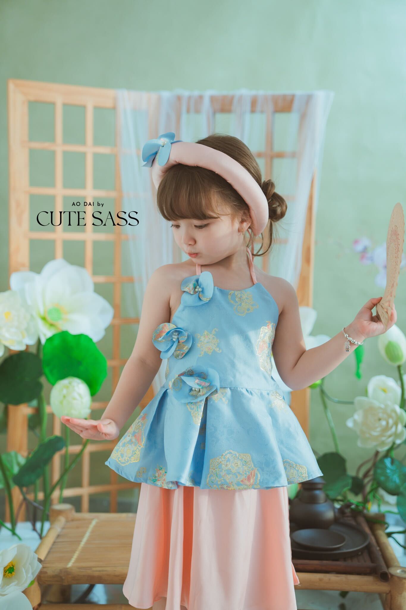 Girl Blue Gold 3D Orchid Yem Ao Dai Set with Skirt and Headband
