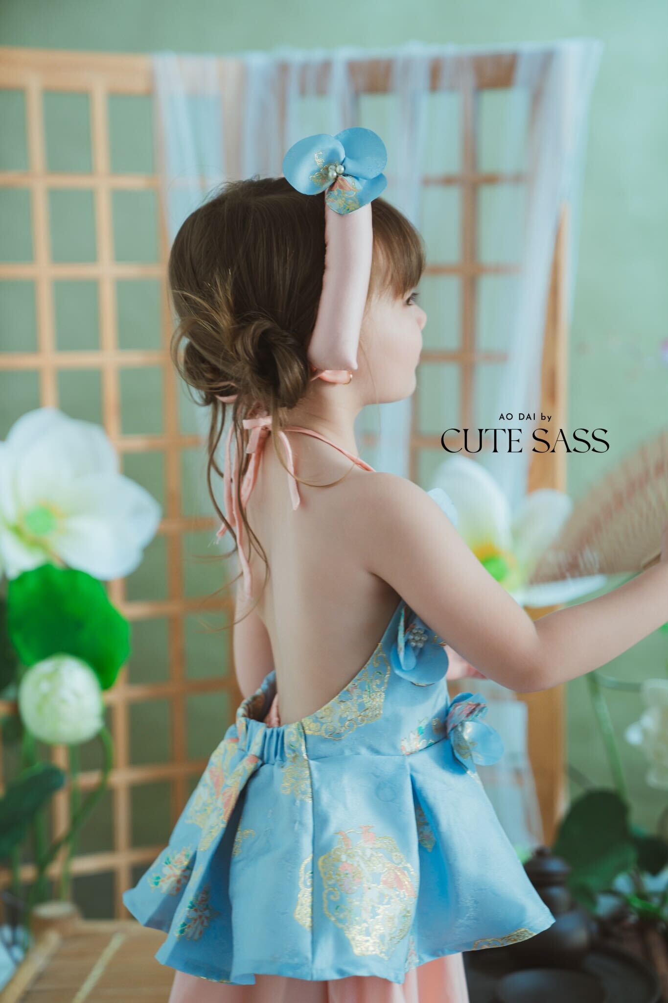 Girl Blue Gold 3D Orchid Yem Ao Dai Set with Skirt and Headband