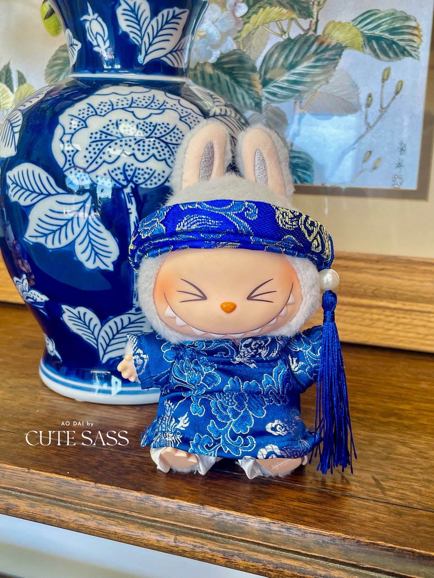 Blue Gam Vietnamese Ao Dai Set for Labubu – Includes Pants & Headband (Doll Not Included)