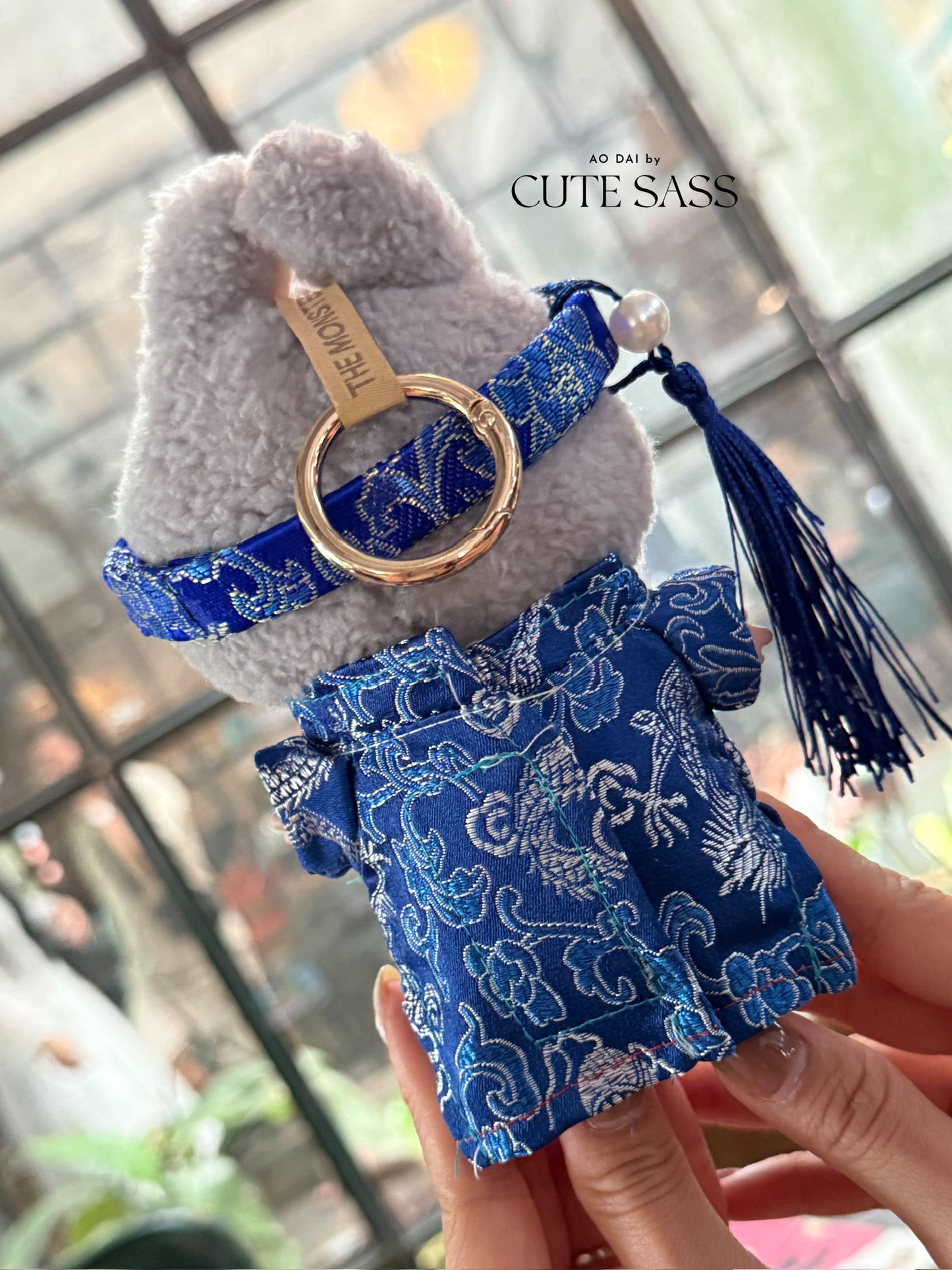 Blue Gam Vietnamese Ao Dai Set for Labubu – Includes Pants & Headband (Doll Not Included)