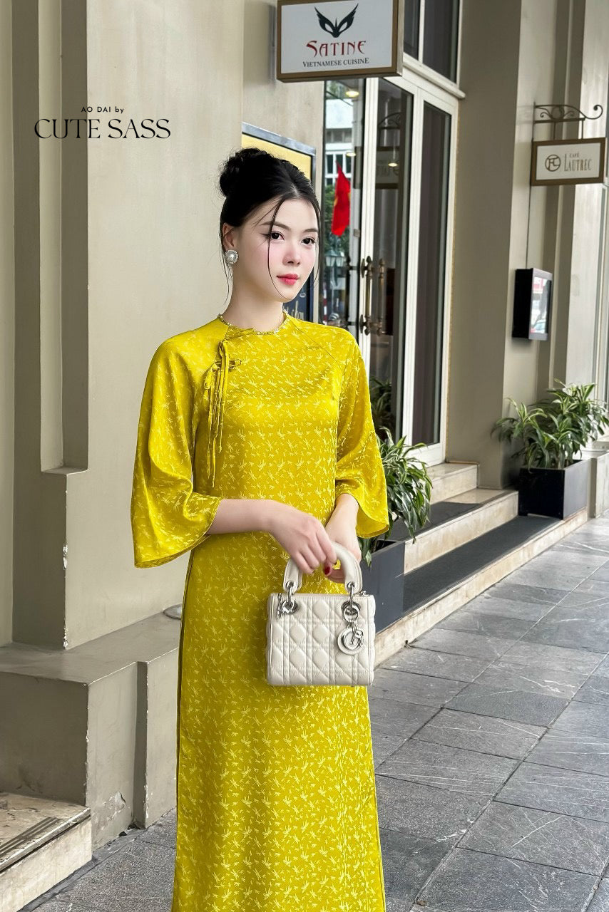 Palm Patterned Gam with Pearl Neckline Ao Dai (TOP ONLY, No Pants)