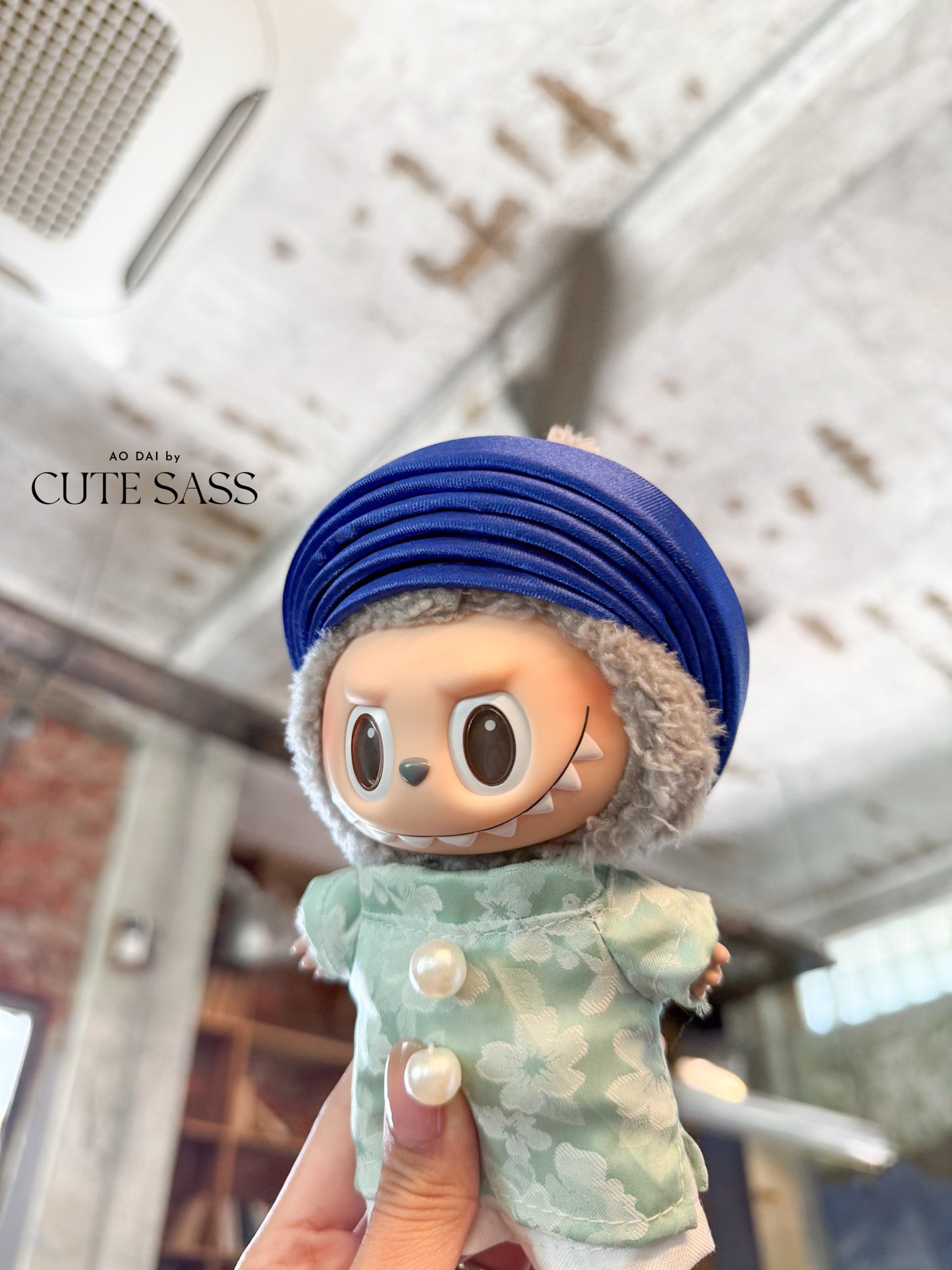 Cyan Vietnamese Ao Dai Set for Labubu – Includes Pants & Blue Khan Dong (Doll Not Included)