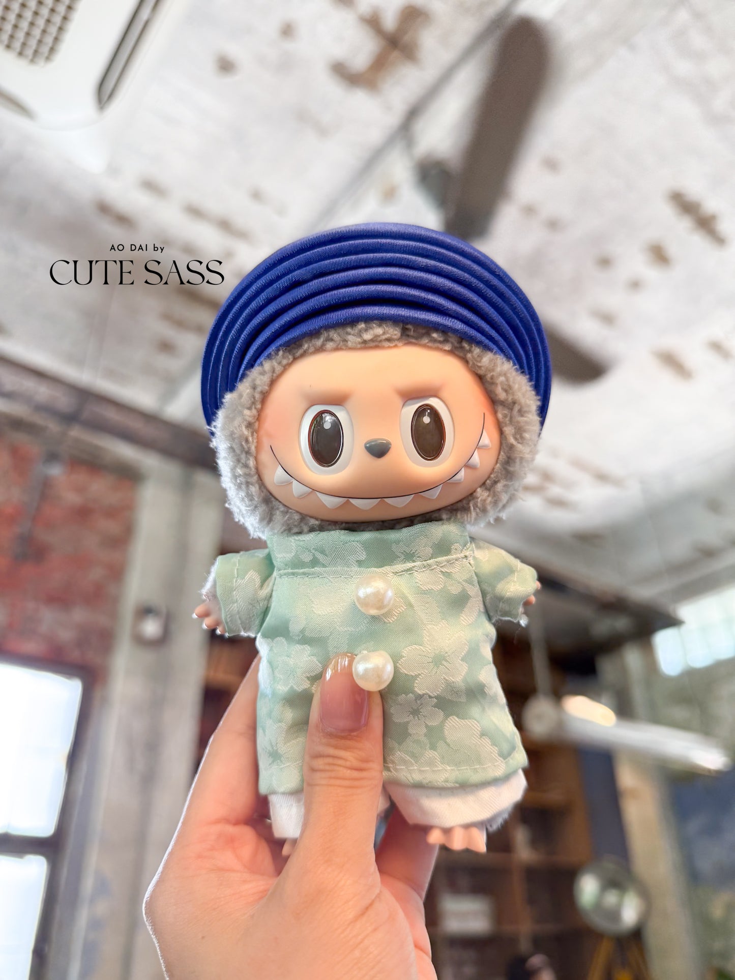 Cyan Vietnamese Ao Dai Set for Labubu – Includes Pants & Blue Khan Dong (Doll Not Included)
