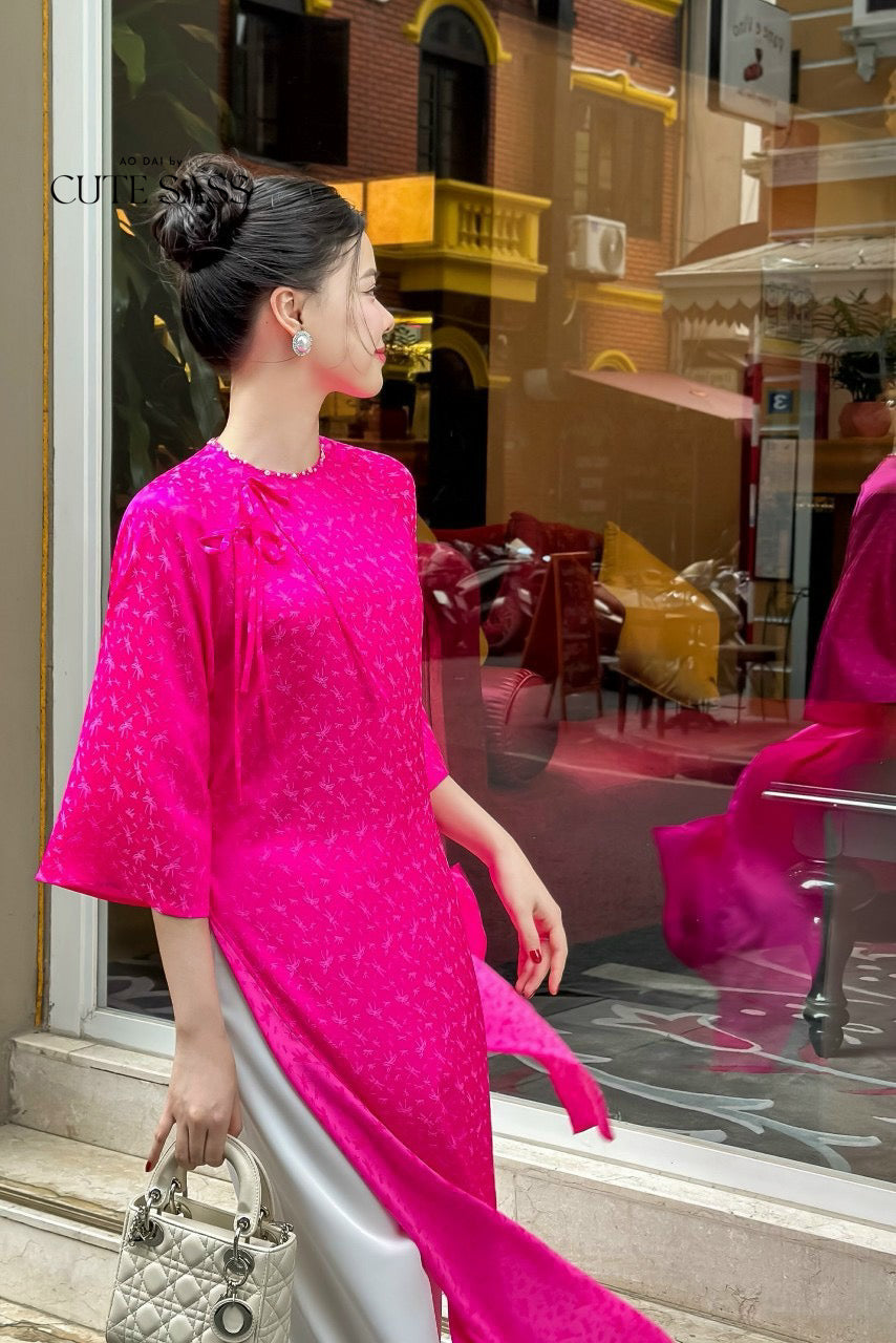 Palm Patterned Gam with Pearl Neckline Ao Dai (TOP ONLY, No Pants)