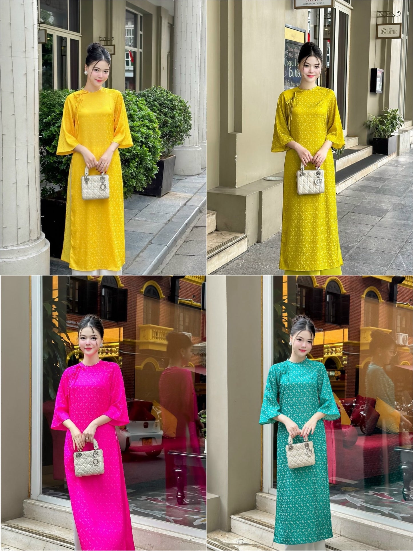 Palm Patterned Gam with Pearl Neckline Ao Dai (TOP ONLY, No Pants)