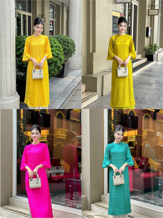 Palm Patterned Gam with Pearl Neckline Ao Dai (TOP ONLY, No Pants)