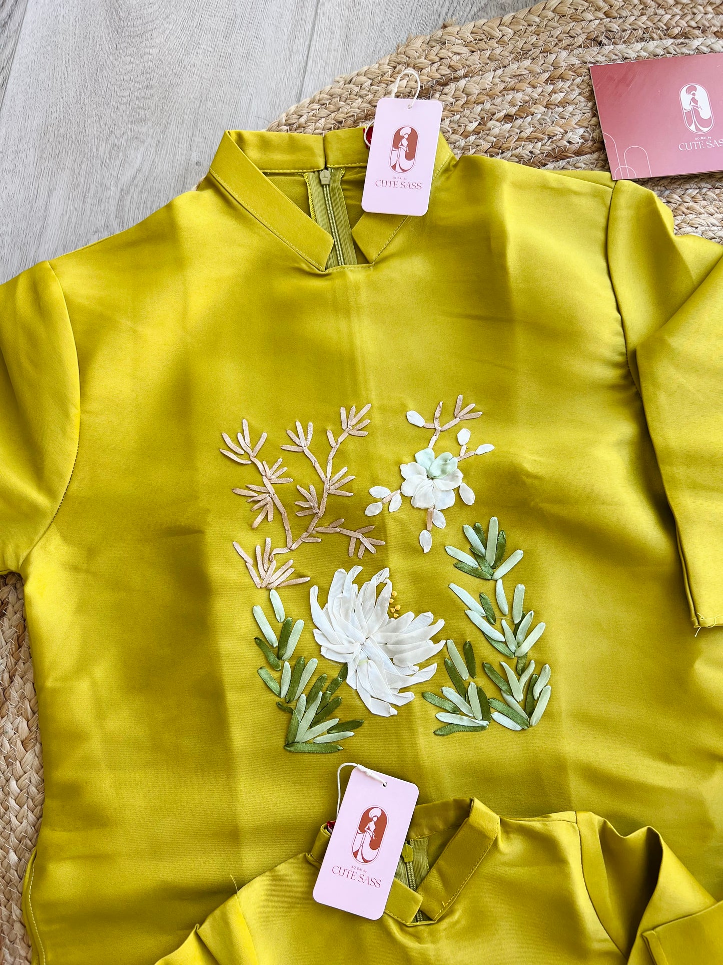 Family Mustard Yellow Ribbon Ao Dai Set