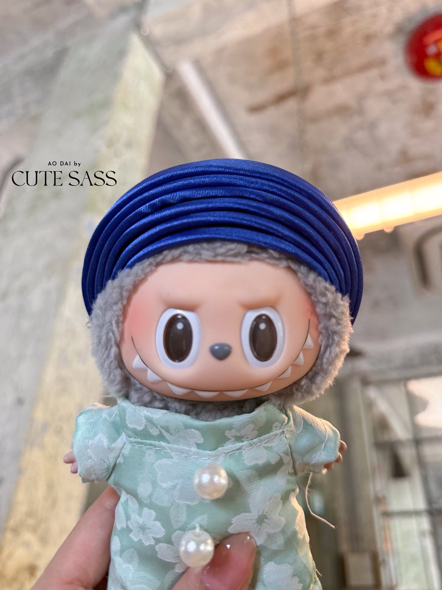 Cyan Vietnamese Ao Dai Set for Labubu – Includes Pants & Blue Khan Dong (Doll Not Included)