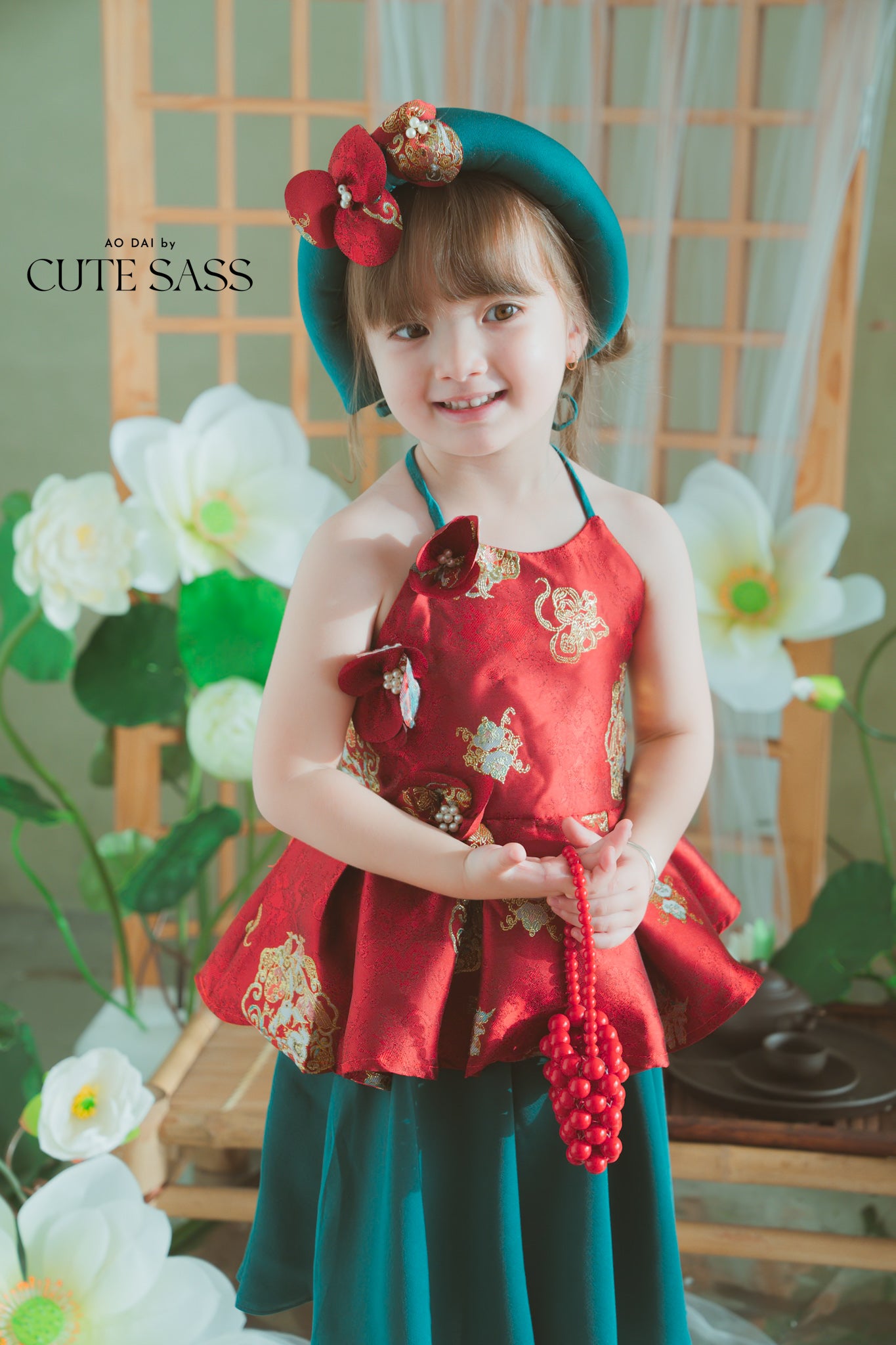 Girl Red Gold 3D Orchid Yem Ao Dai Set with Skirt and Headband