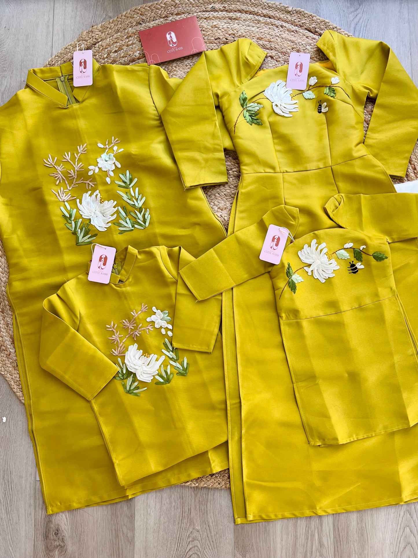 Family Mustard Yellow Ribbon Ao Dai Set