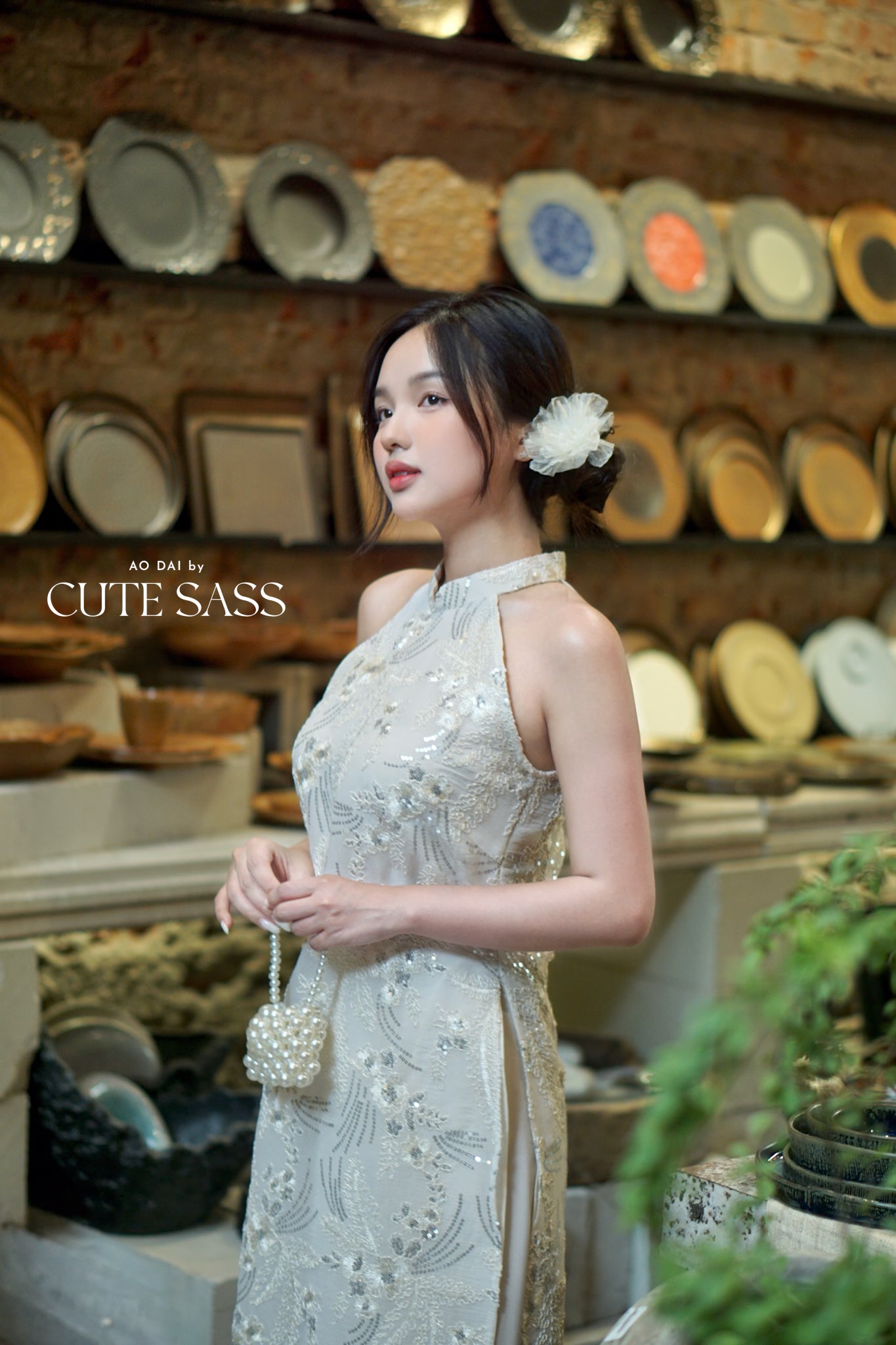Yen - White Moonbeam Sleeveless Yem-Inspired Ao Dai Top Only, No Pants