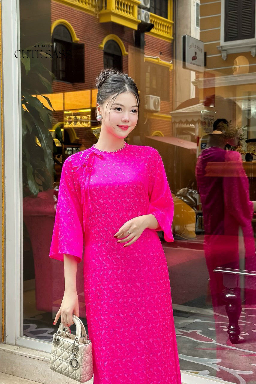 Palm Patterned Gam with Pearl Neckline Ao Dai (TOP ONLY, No Pants)