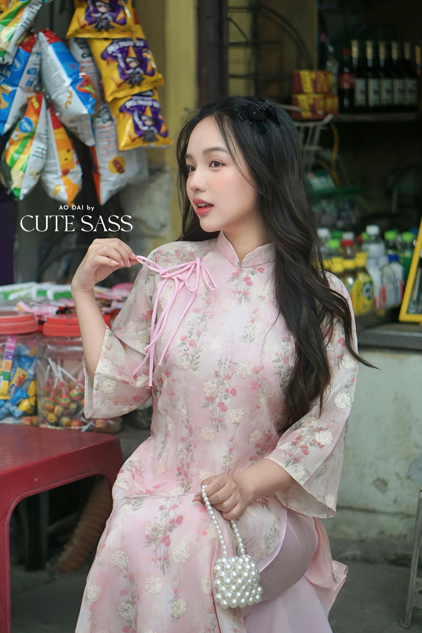 Pink Chiffon Vintage Floral Ao Dai Top Only, NO PANTS