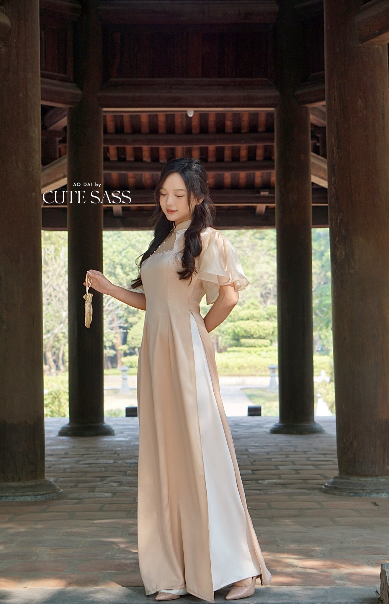 Tan Mesh Pearl Neckline Wing Sleeves Ao Dai Top Only (NO PANTS) 10C
